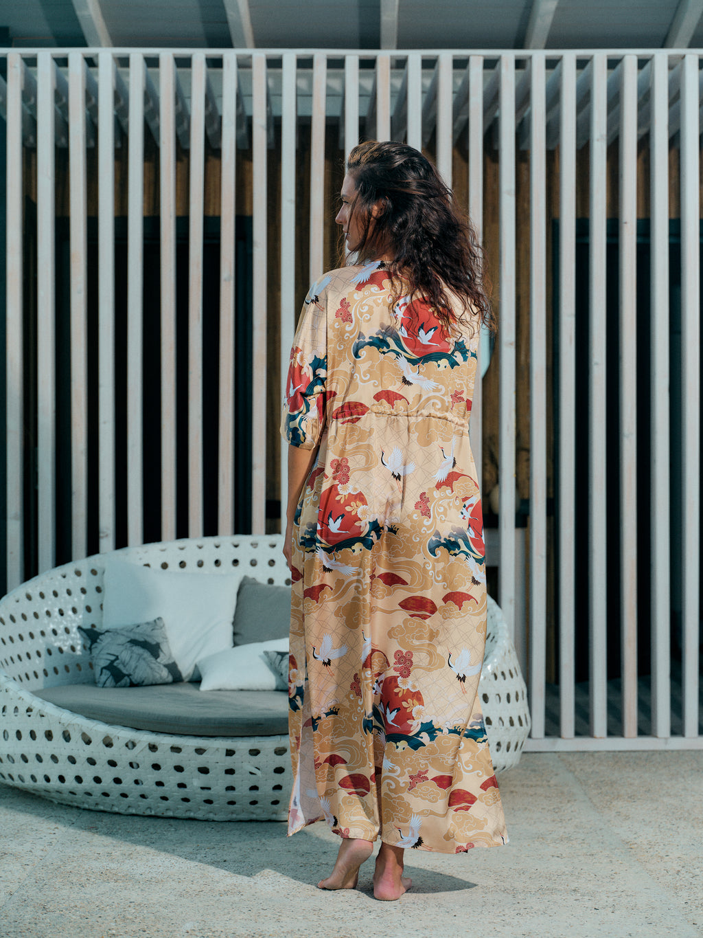 beach kimono long gold satin chiffon, Asahi collection back view