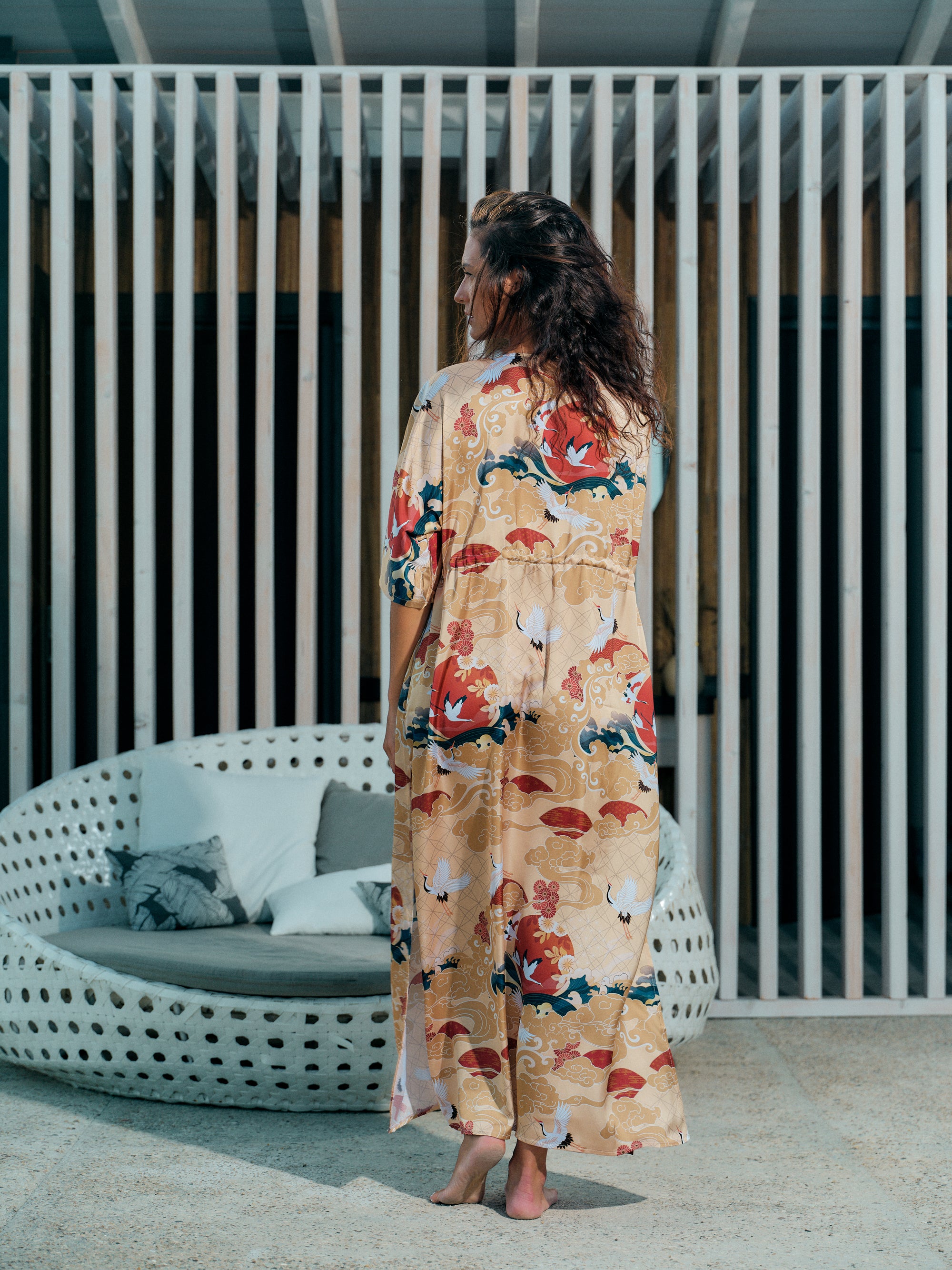 beach kimono long gold satin chiffon, Asahi collection back view