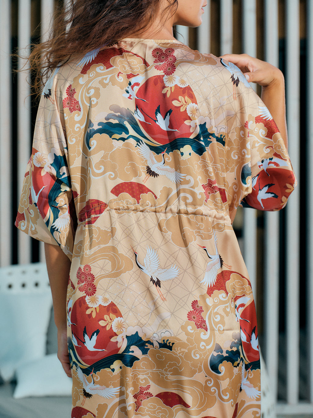 beach kimono long gold satin chiffon, Asahi collection detail back view