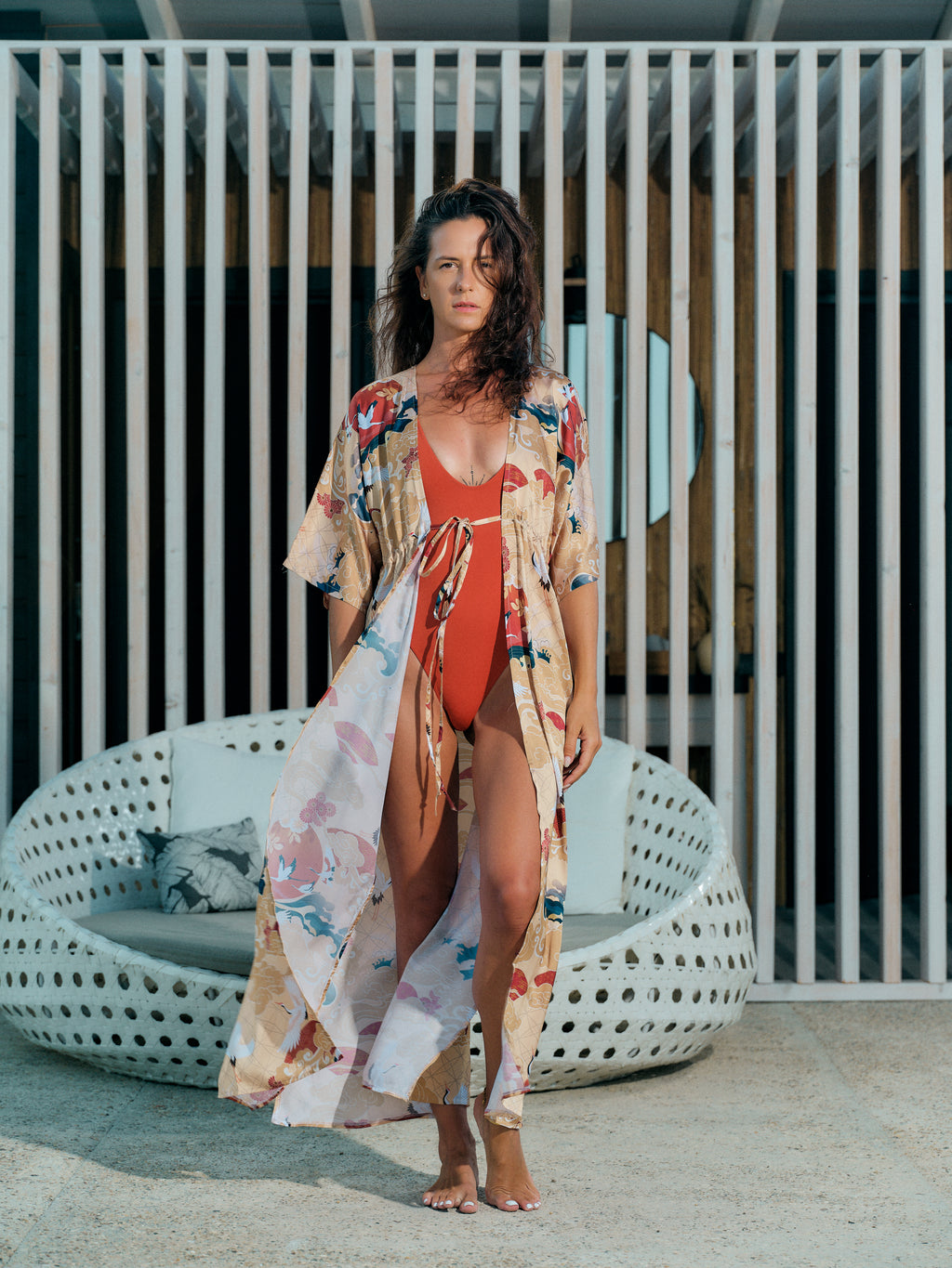 boho kimono long gold satin chiffon, Asahi collection front view