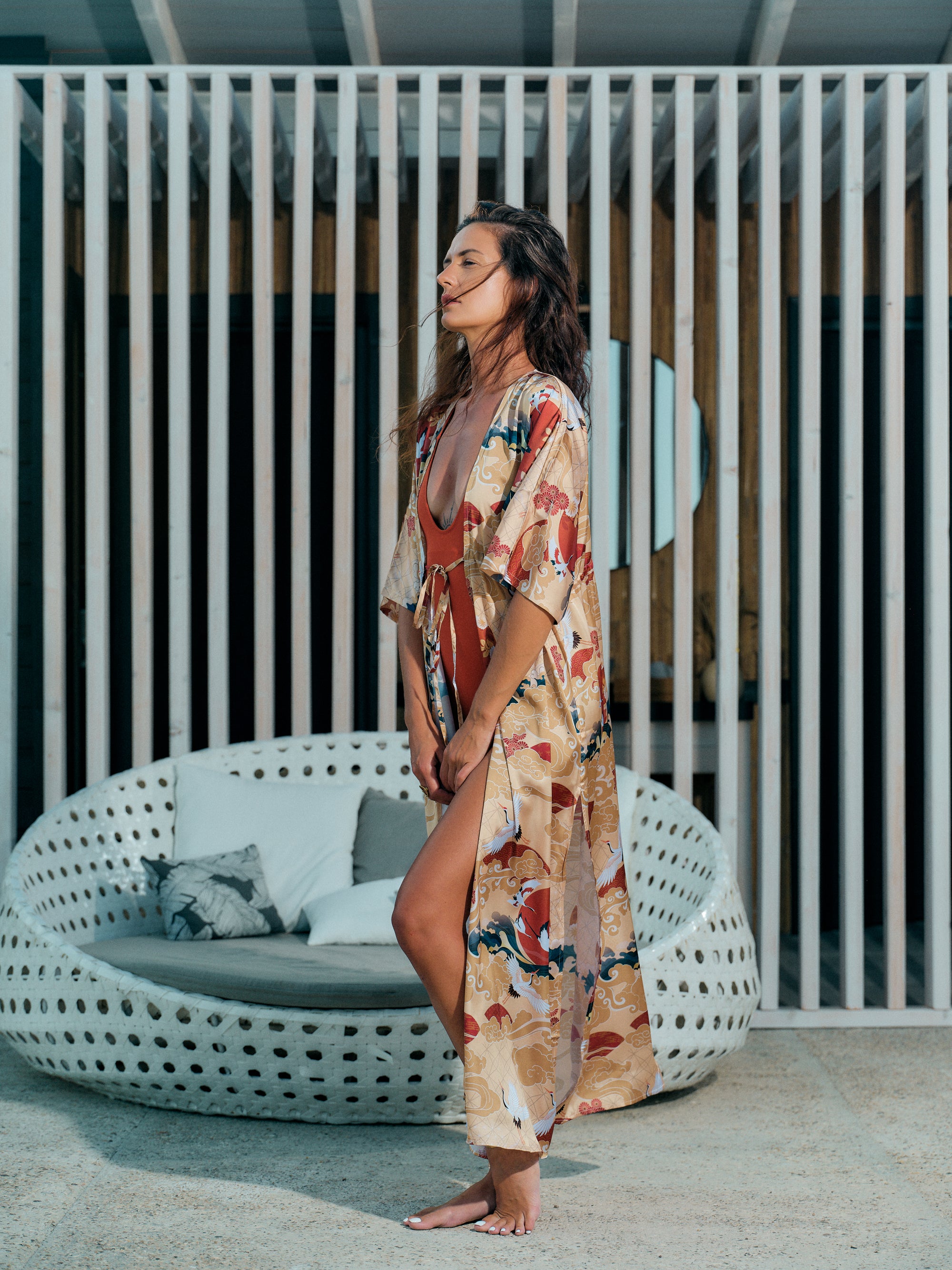 beach kimono long gold satin chiffon, Asahi collection side view