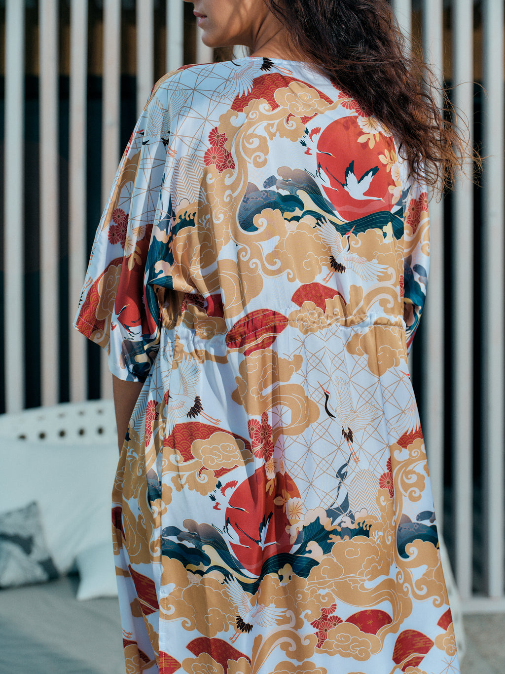 beach kimono long white satin chiffon, Asahi collection detail back view