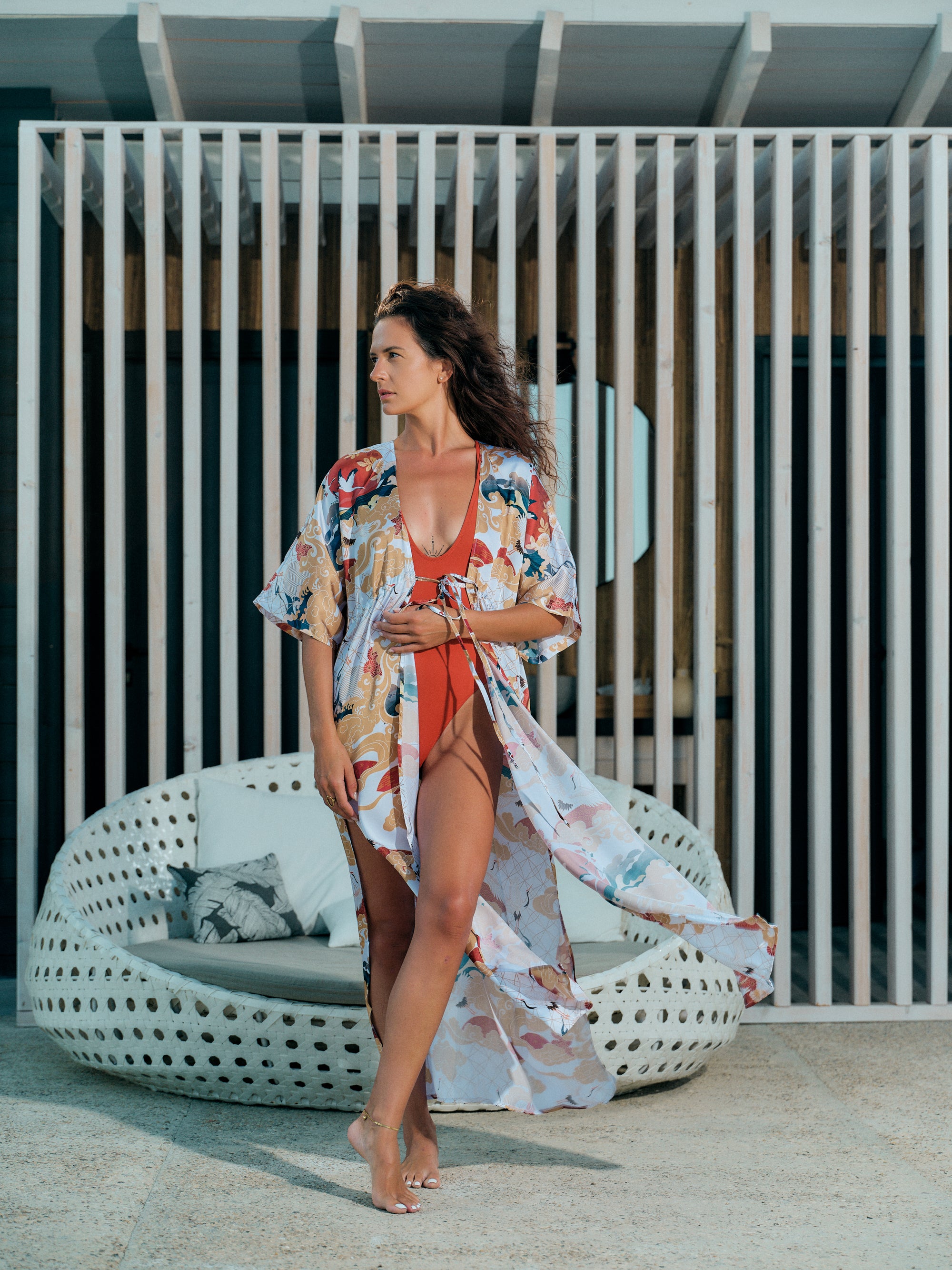 boho kimono long white satin chiffon, Asahi collection front view