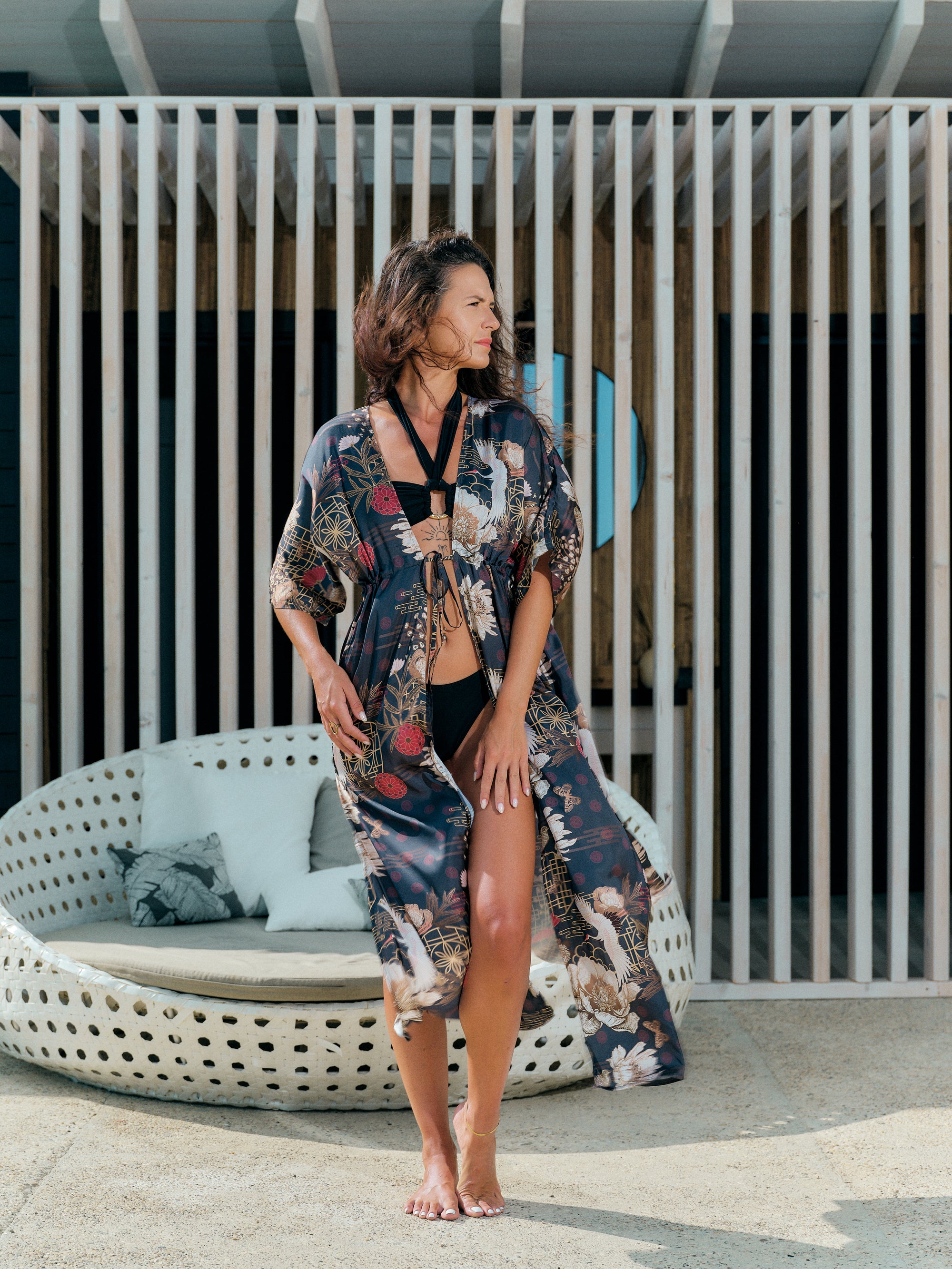festival kimono long black satin chiffon, Koan collection front view