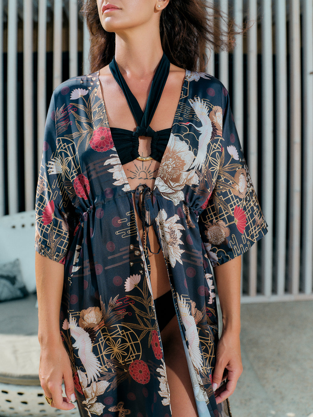 beach kimono long black satin chiffon, Koan collection detail front view