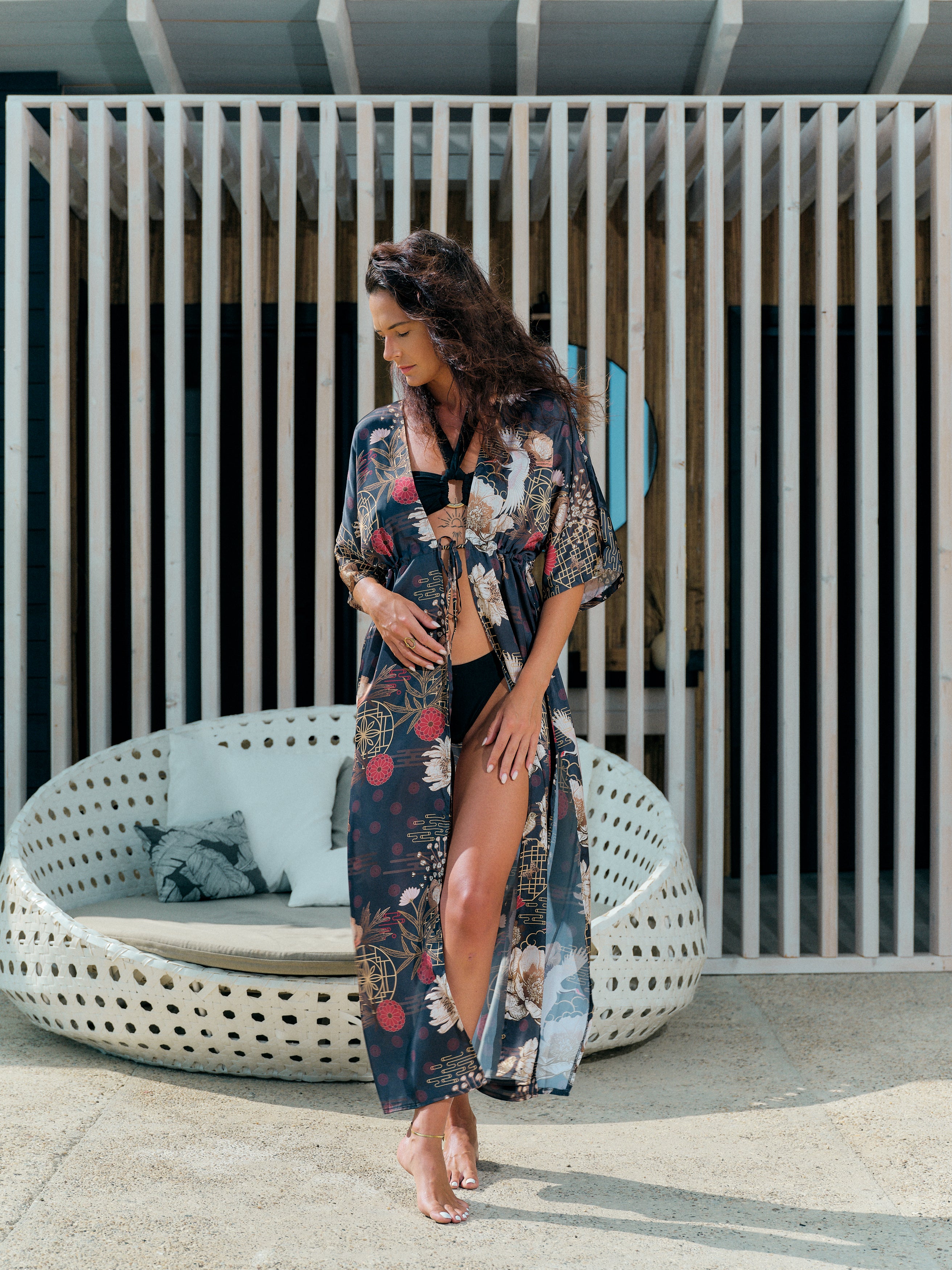 long boho kimono black satin chiffon, Koan collection front view