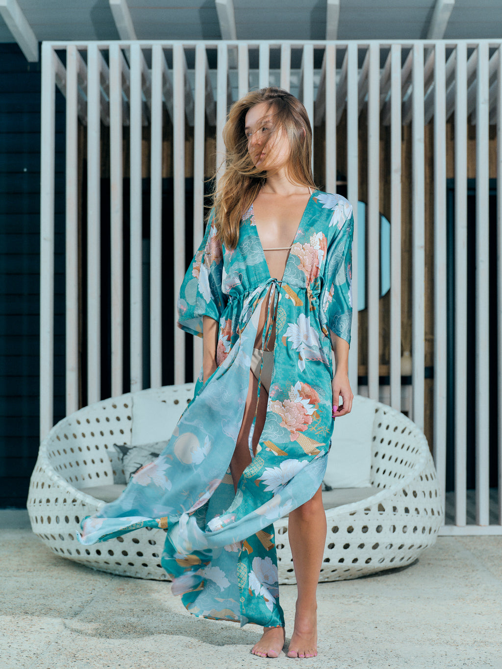 boho kimono long turquoise satin chiffon, Yugen collection front view