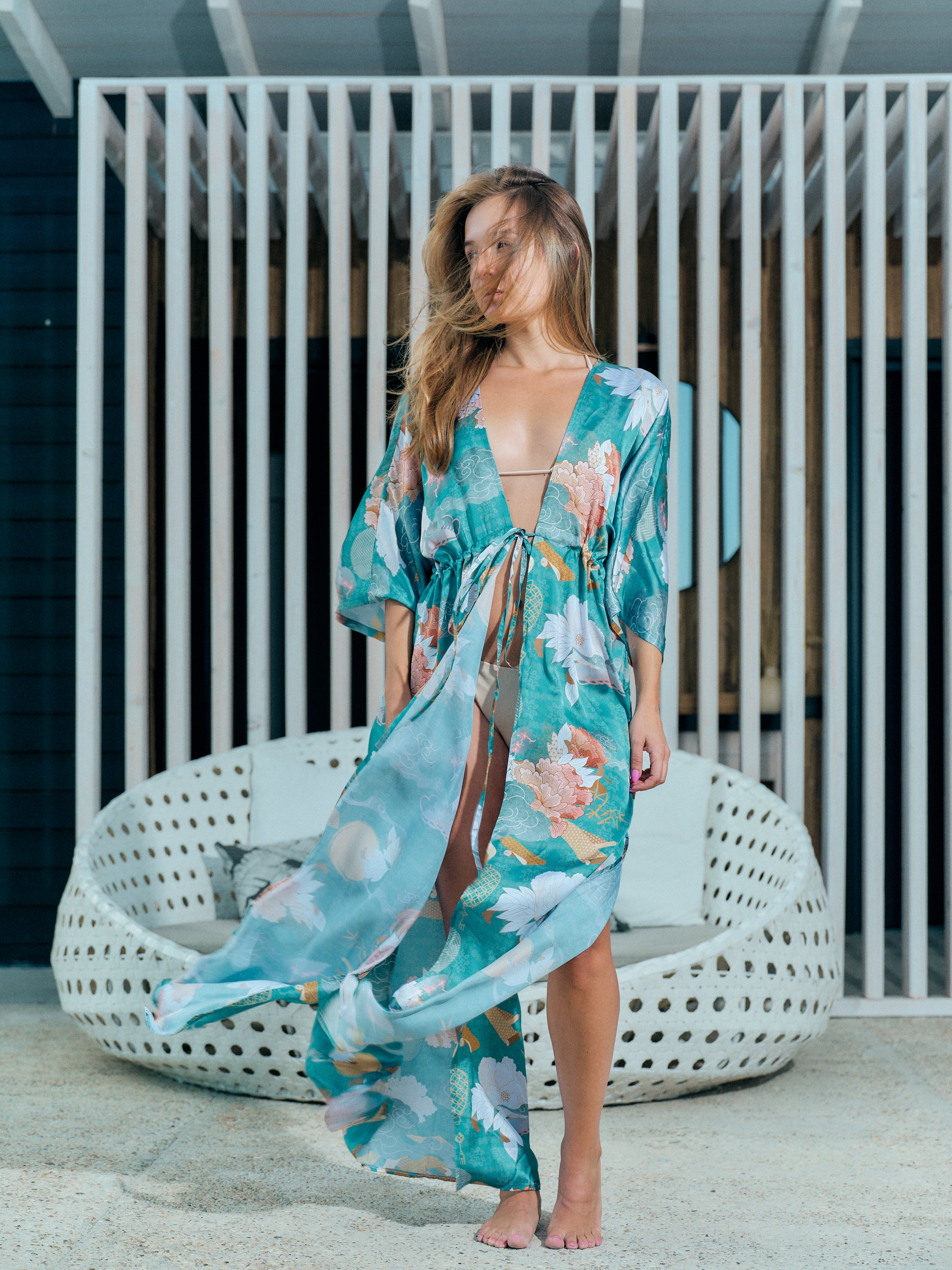boho kimono long turquoise satin chiffon, Yugen collection front view