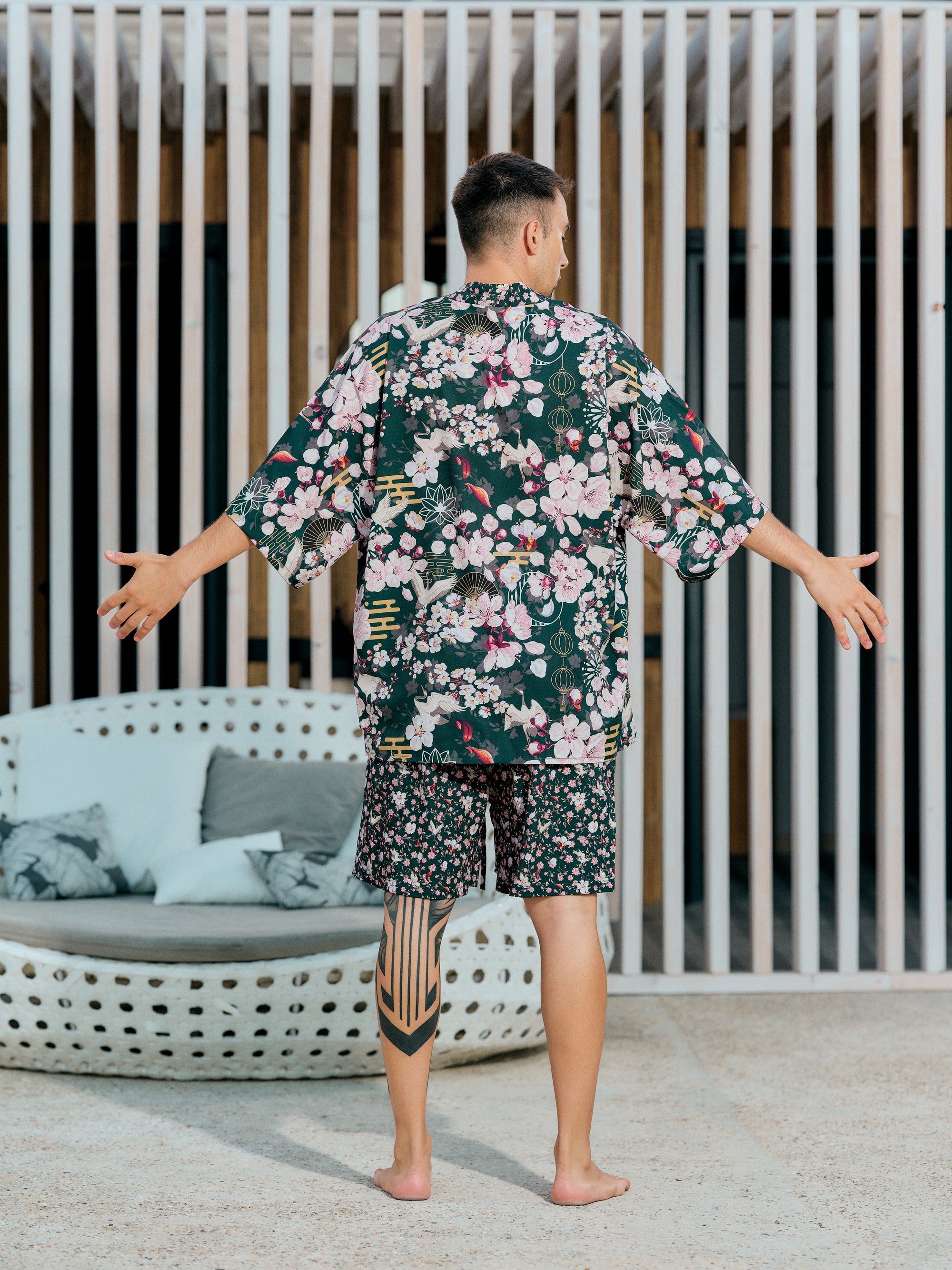 mens beach kimono set deep green satin chiffon, Akari collection back view