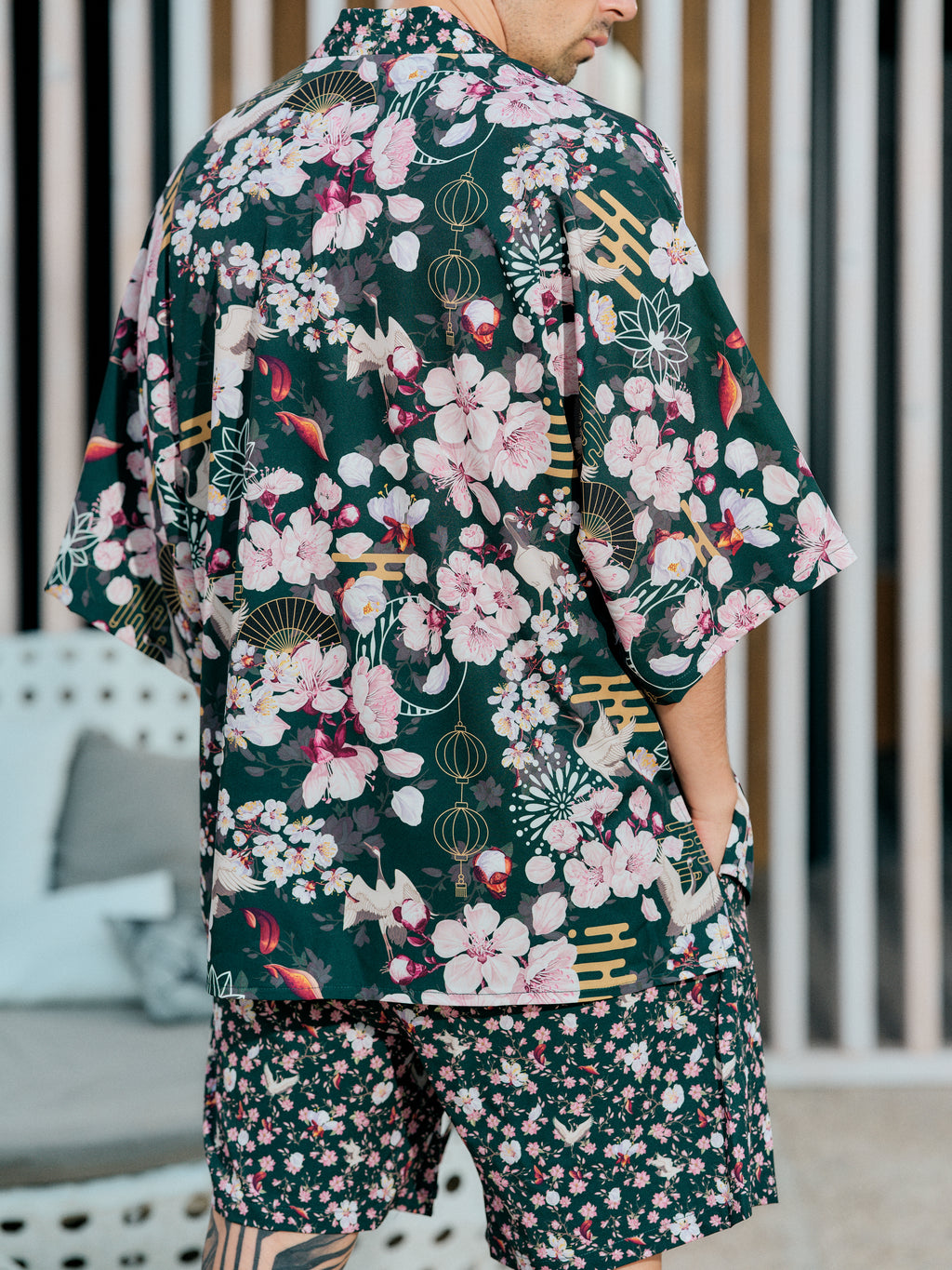 mens beach kimono set deep green satin chiffon, Akari collection detail back view