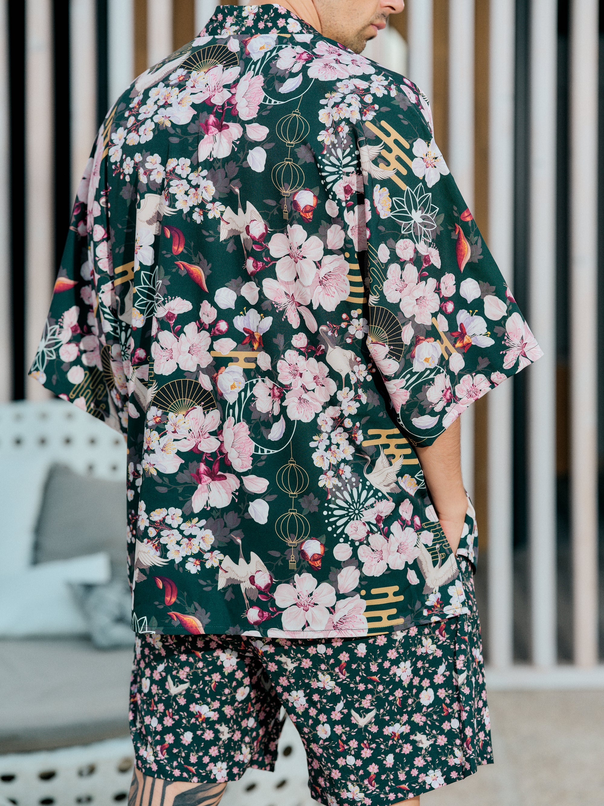 mens beach kimono set deep green satin chiffon, Akari collection detail back view