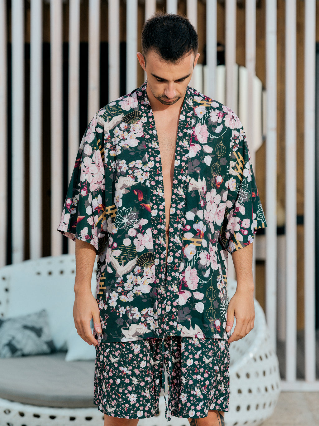mens beach kimono set deep green satin chiffon, Akari collection detail front view
