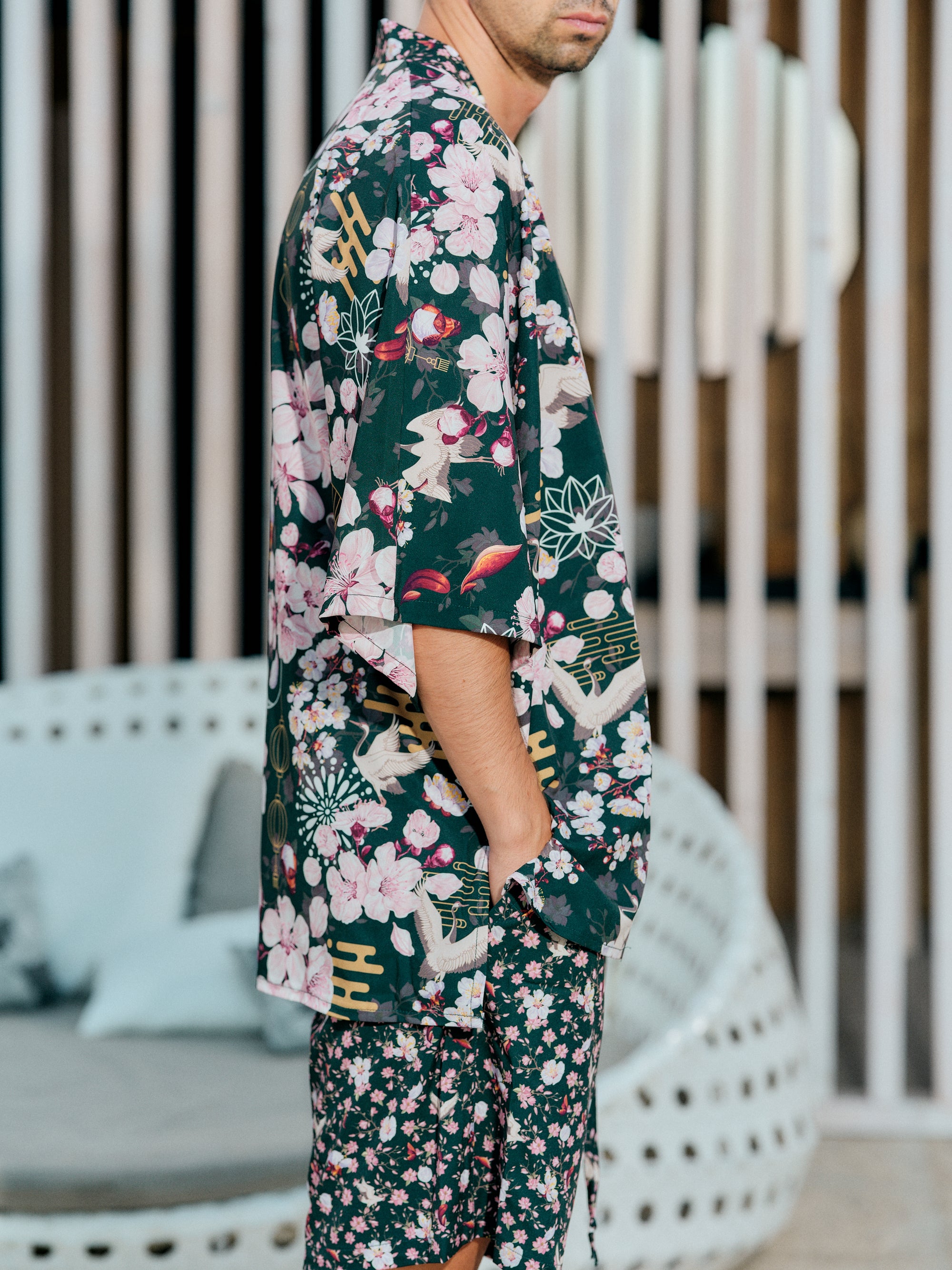 mens beach kimono set deep green satin chiffon, Akari collection detail side view