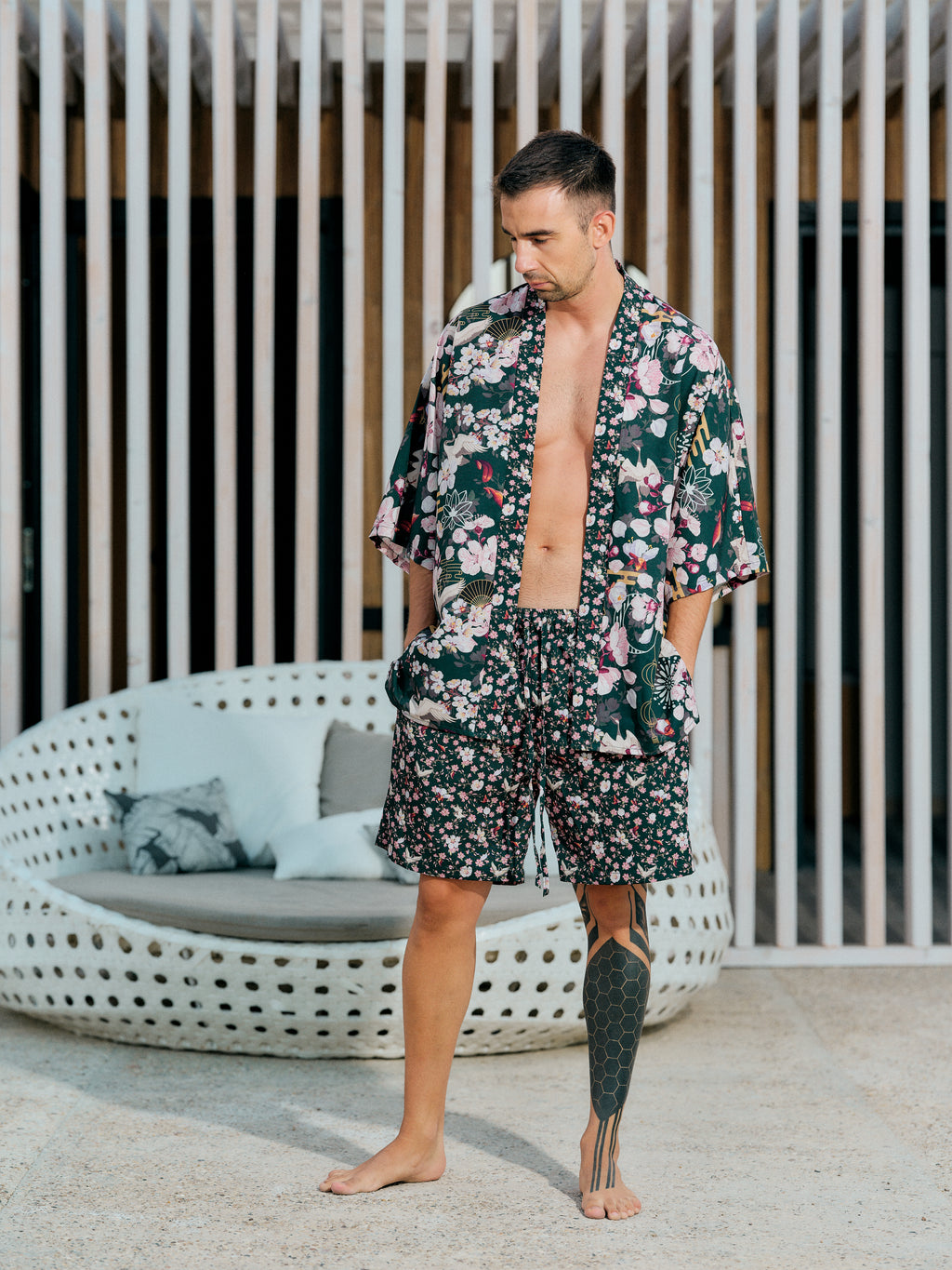 mens festival kimono set deep green satin chiffon, Akari collection front view