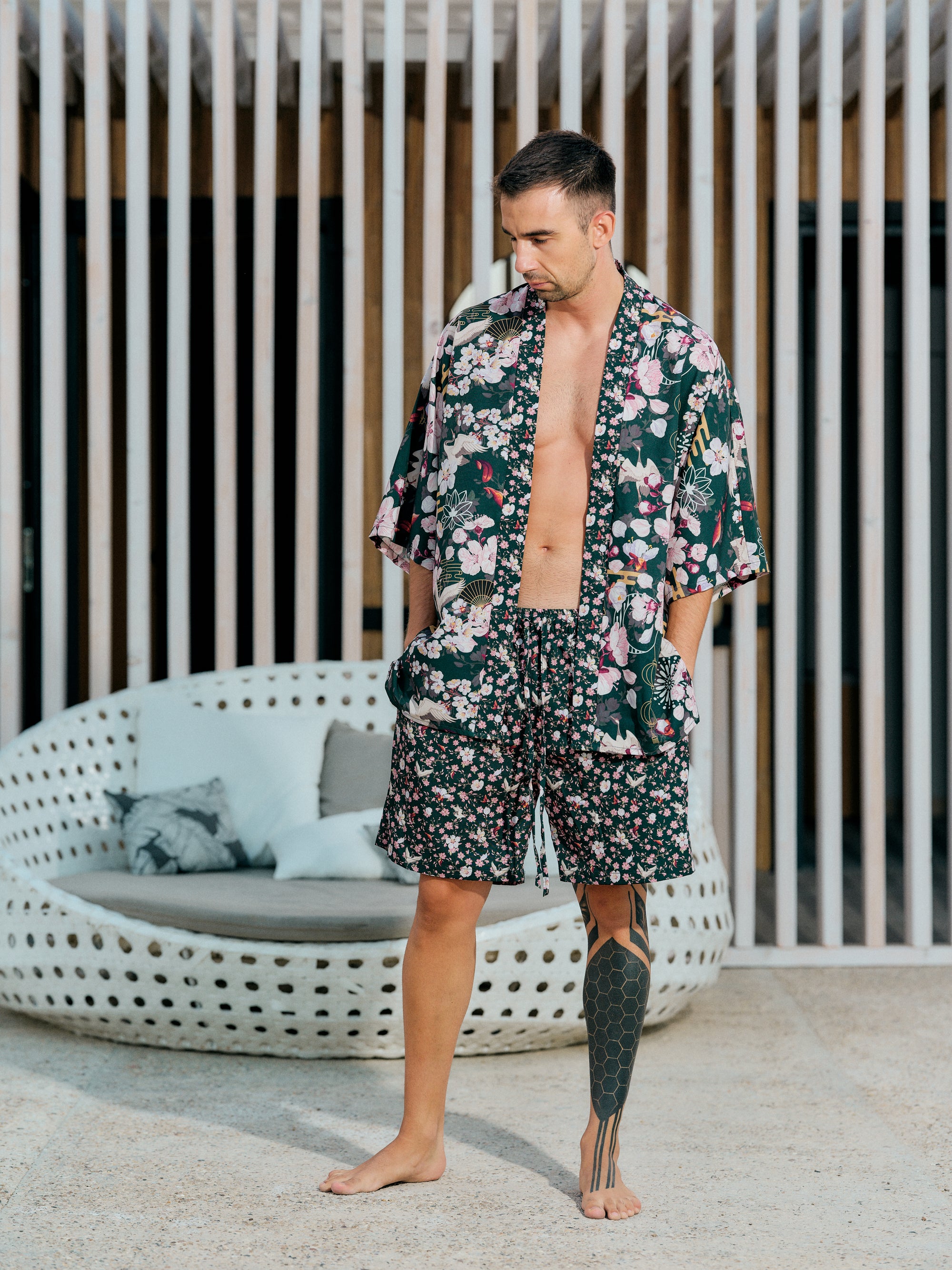 mens festival kimono set deep green satin chiffon, Akari collection front view