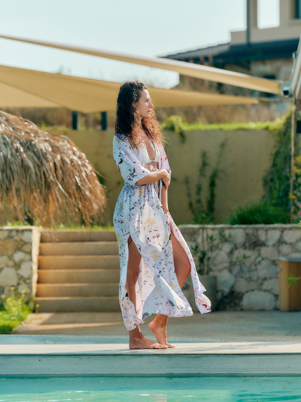 boho kimono long ivory satin chiffon, Akari collection side view