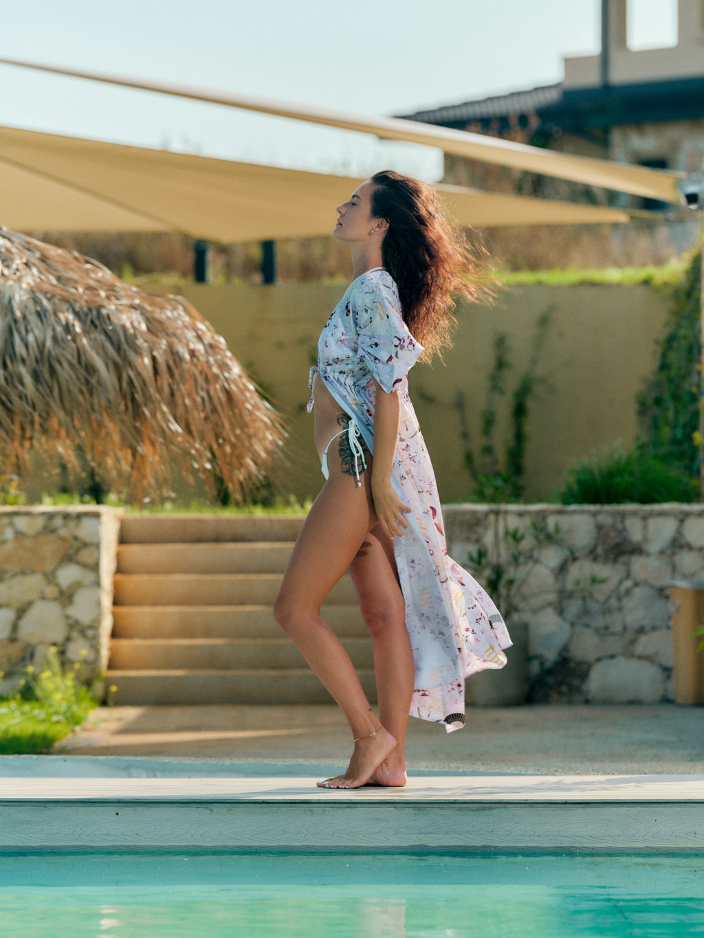 festival kimono long ivory satin chiffon, Akari collection side view