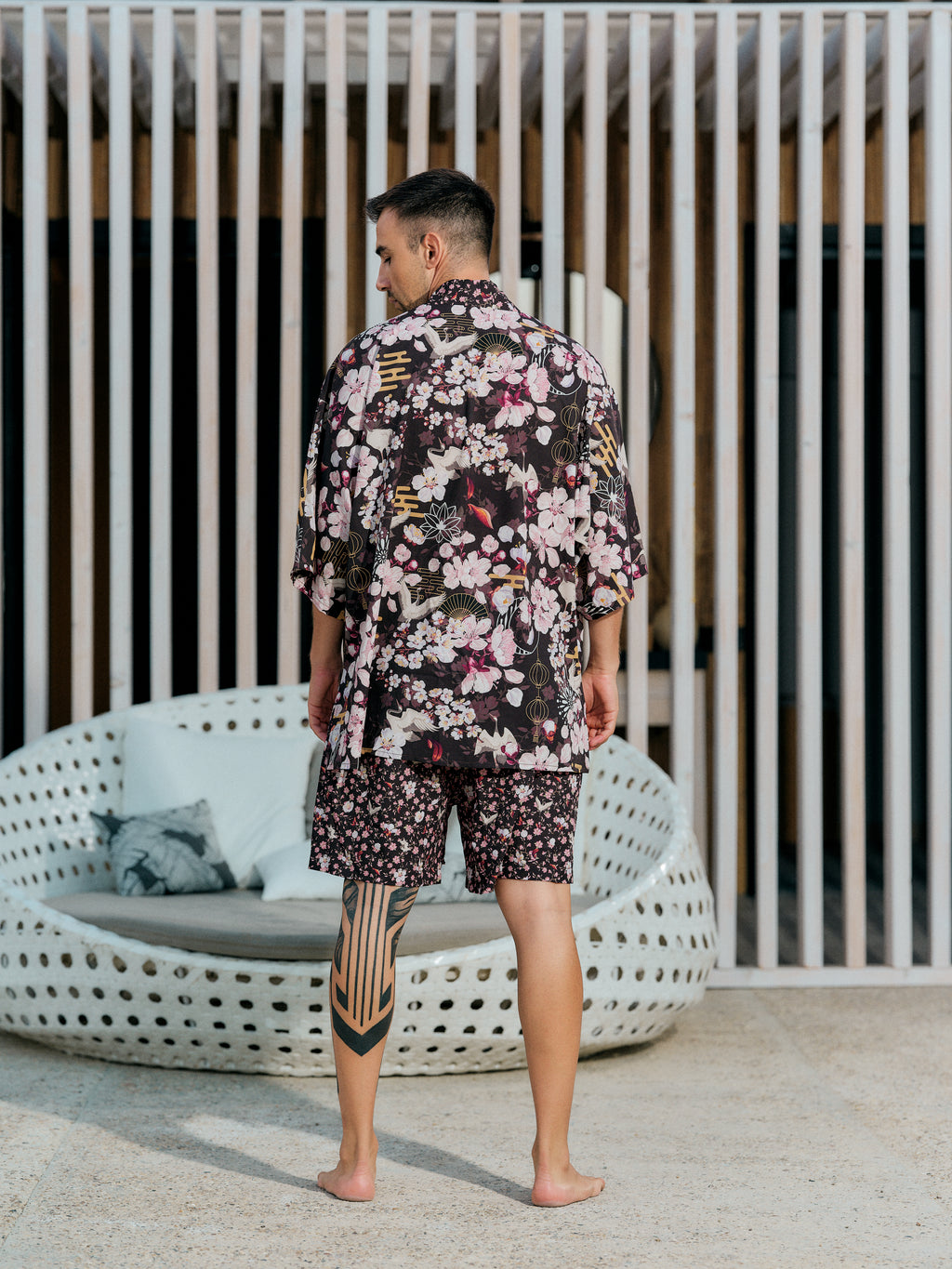 mens beach kimono set dark umber satin chiffon, Akari collection back view