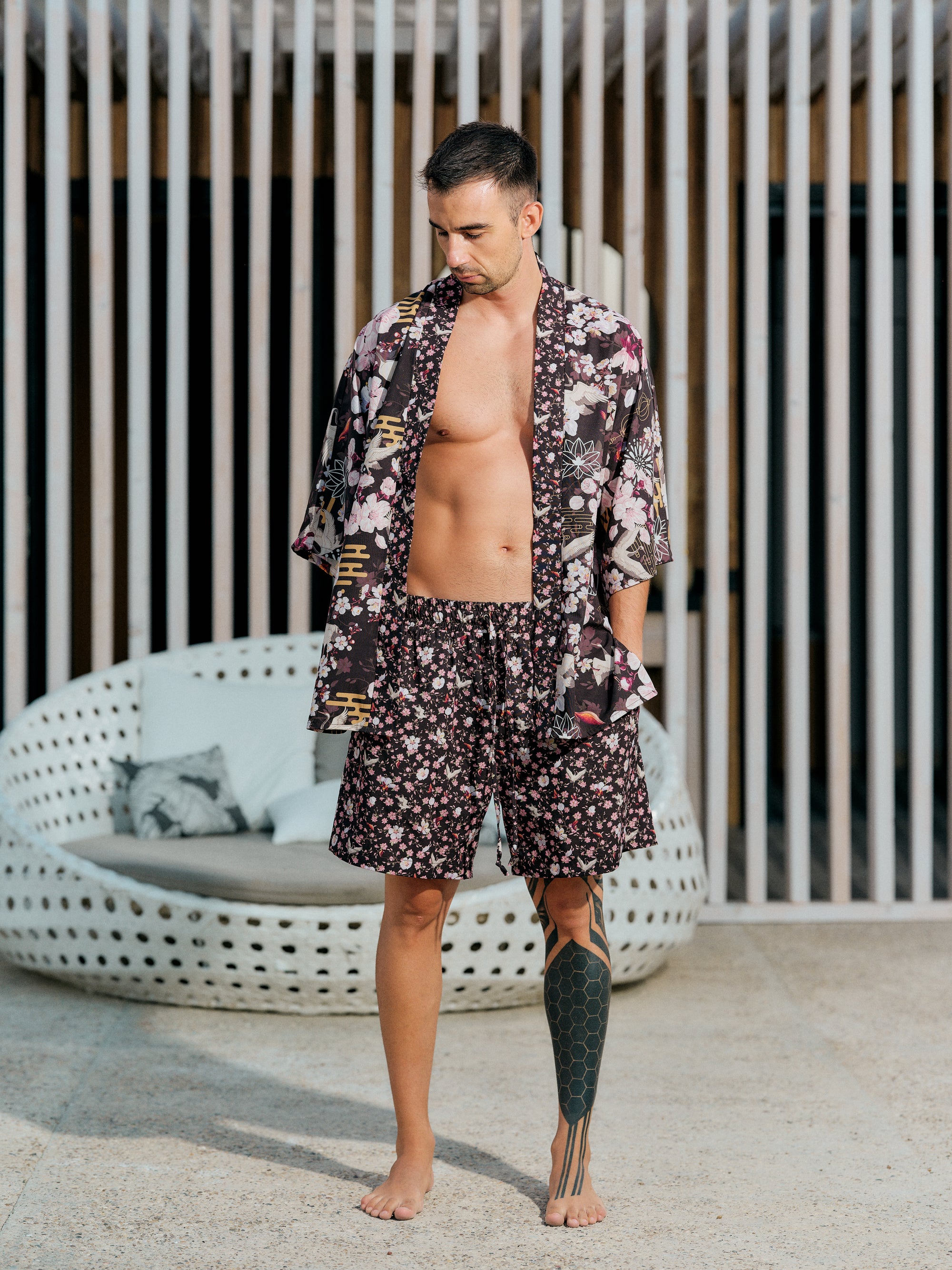 mens festival kimono set dark umber satin chiffon, Akari collection front view