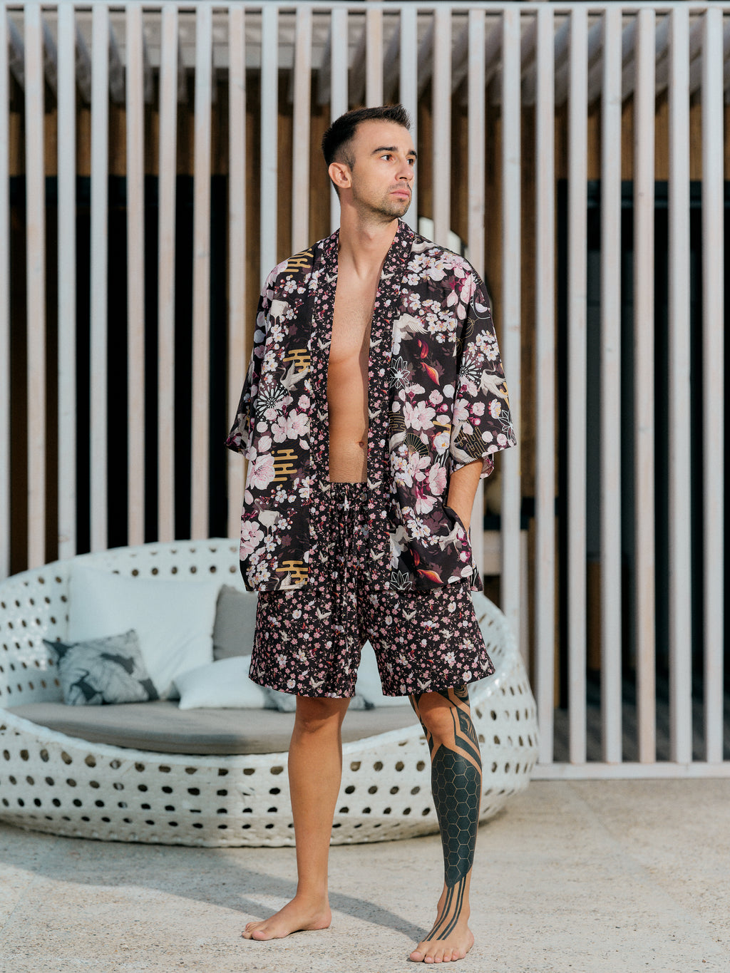 mens beach kimono set dark umber satin chiffon, Akari collection front view