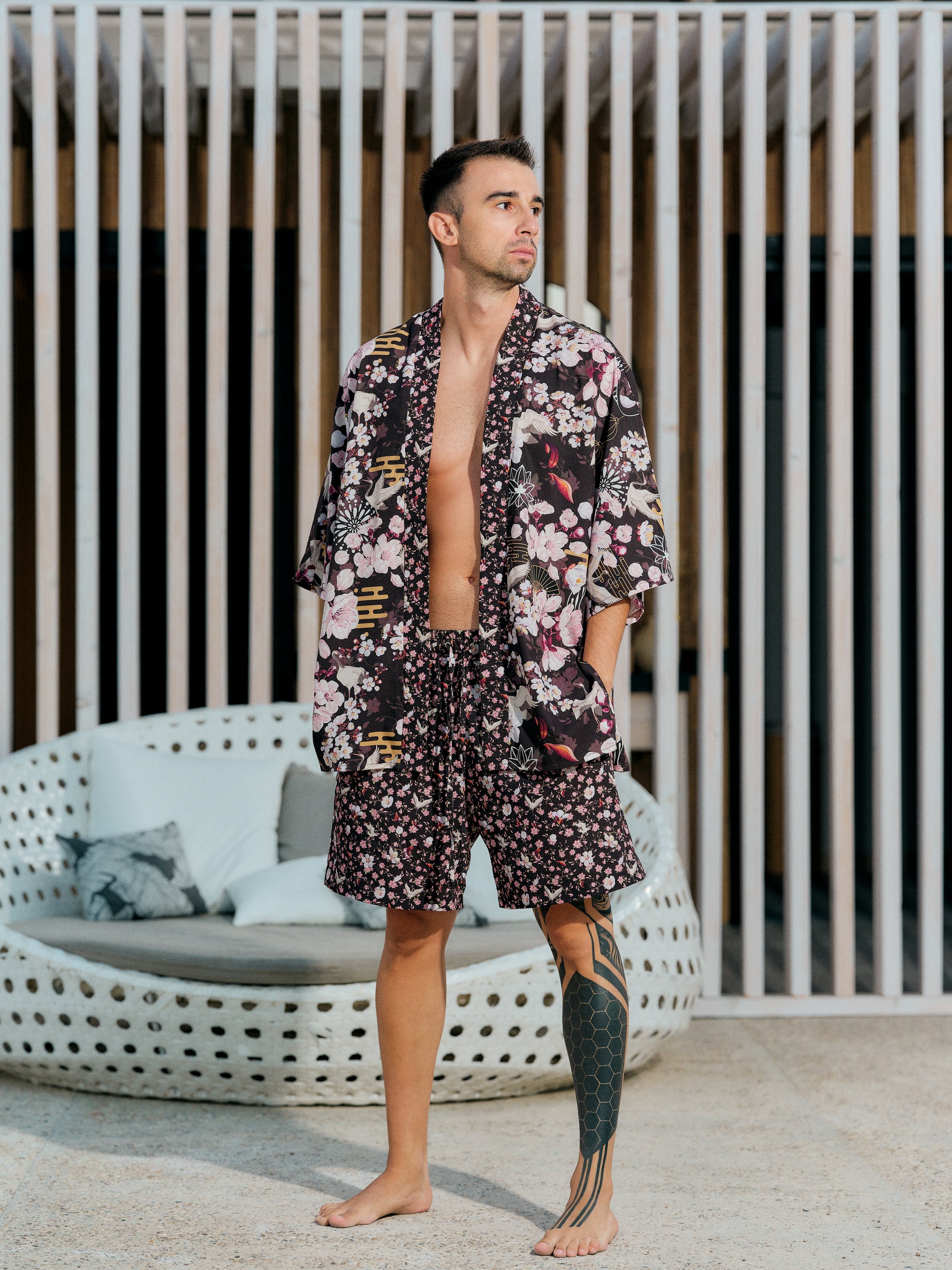 mens beach kimono set dark umber satin chiffon, Akari collection front view