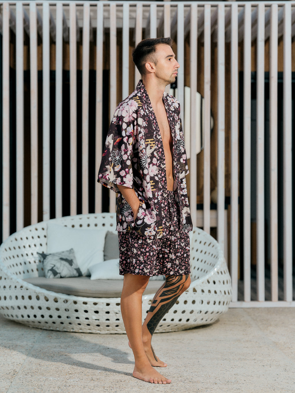 mens beach kimono set dark umber satin chiffon, Akari collection side view