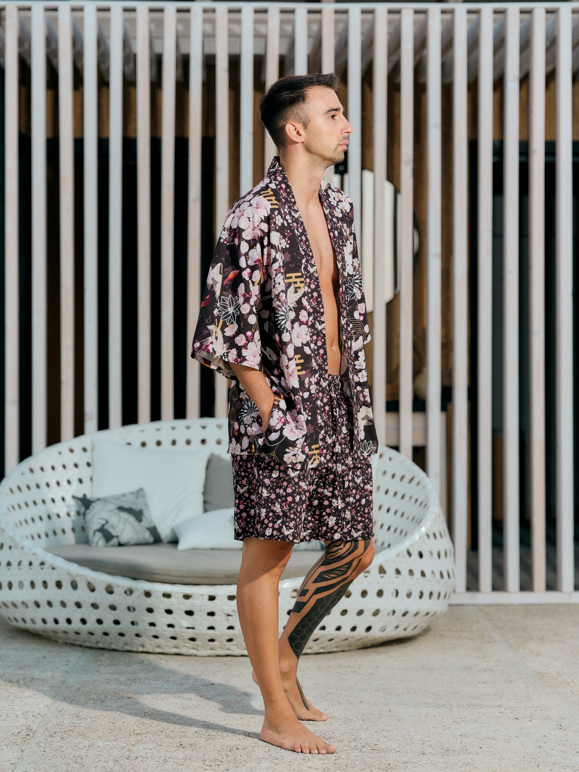 mens beach kimono set dark umber satin chiffon, Akari collection side view