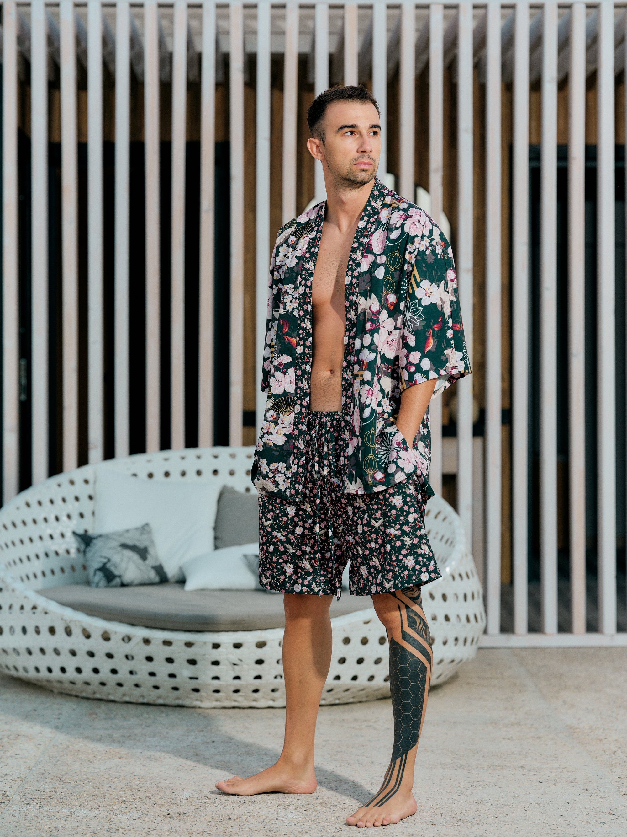 mens beach kimono set deep green satin chiffon, Akari collection front view