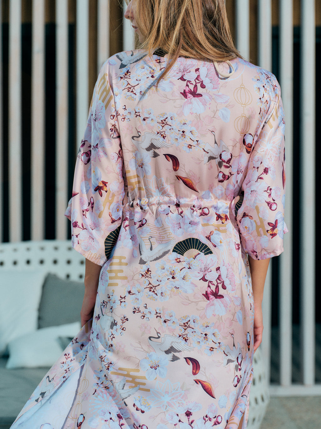 beach kimono long peach satin chiffon, Akari collection detail back view