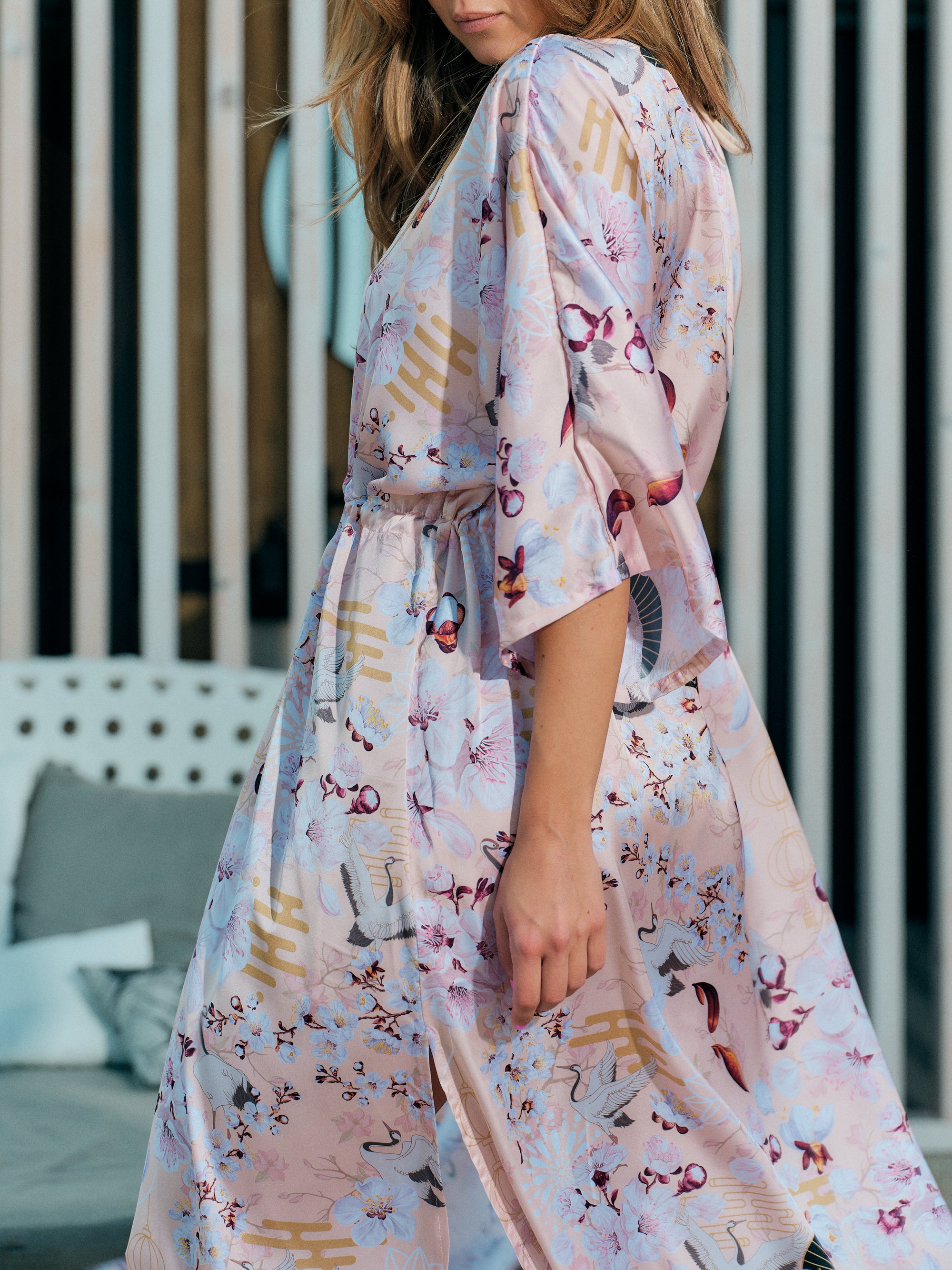 festival kimono long peach satin chiffon, Akari collection detail side view