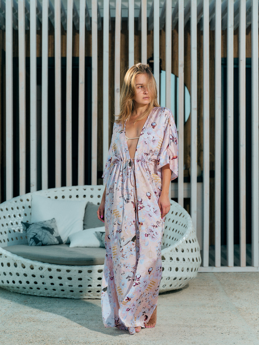 festival kimono long peach satin chiffon, Akari collection front view