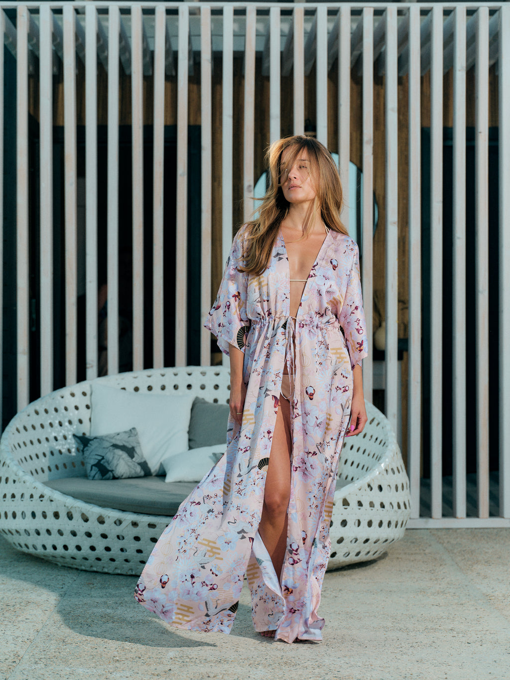 boho kimono long peach satin chiffon, Akari collection front view