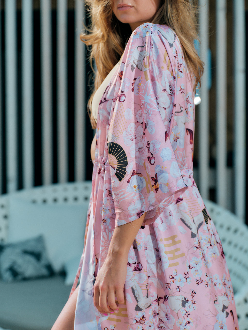 festival kimono long pink satin chiffon, Akari collection detail side view