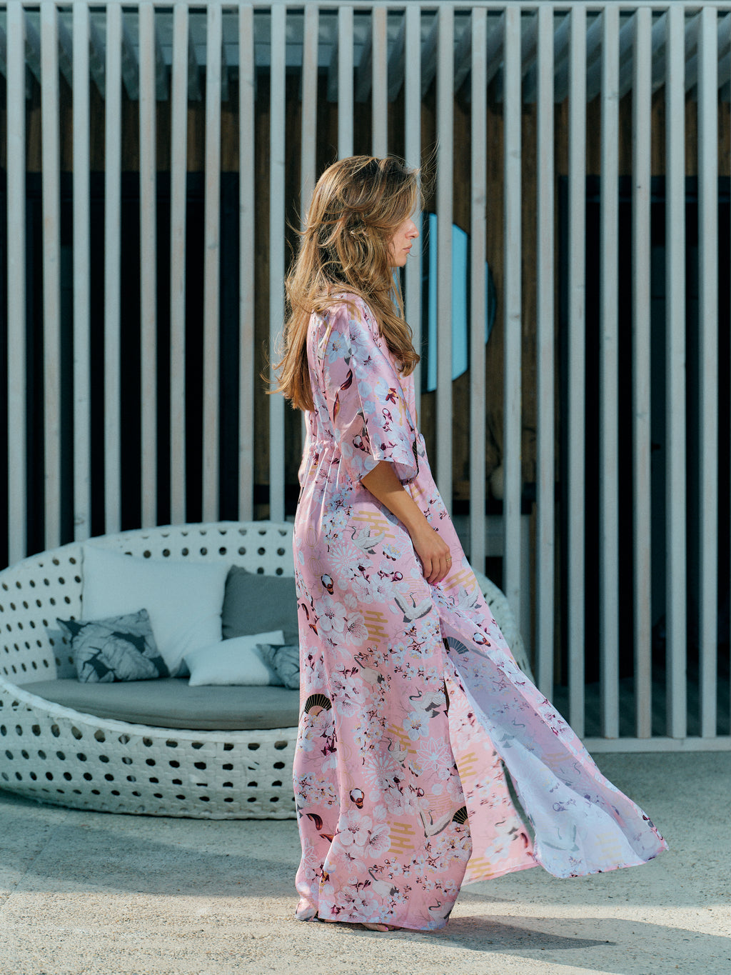 festival kimono long pink satin chiffon, Akari collection side view