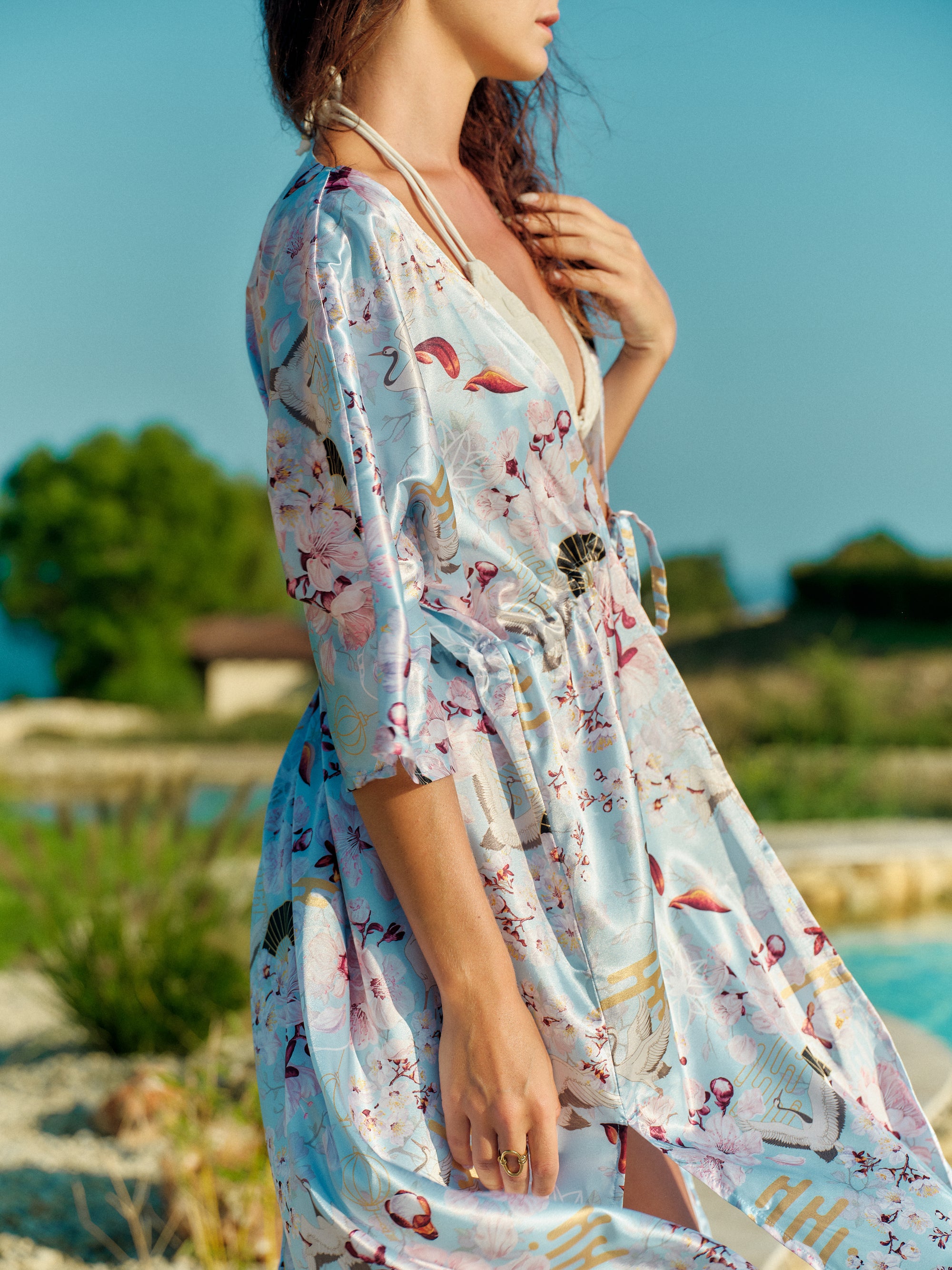 beach kimono long sky blue satin chiffon, Akari collection detail side view
