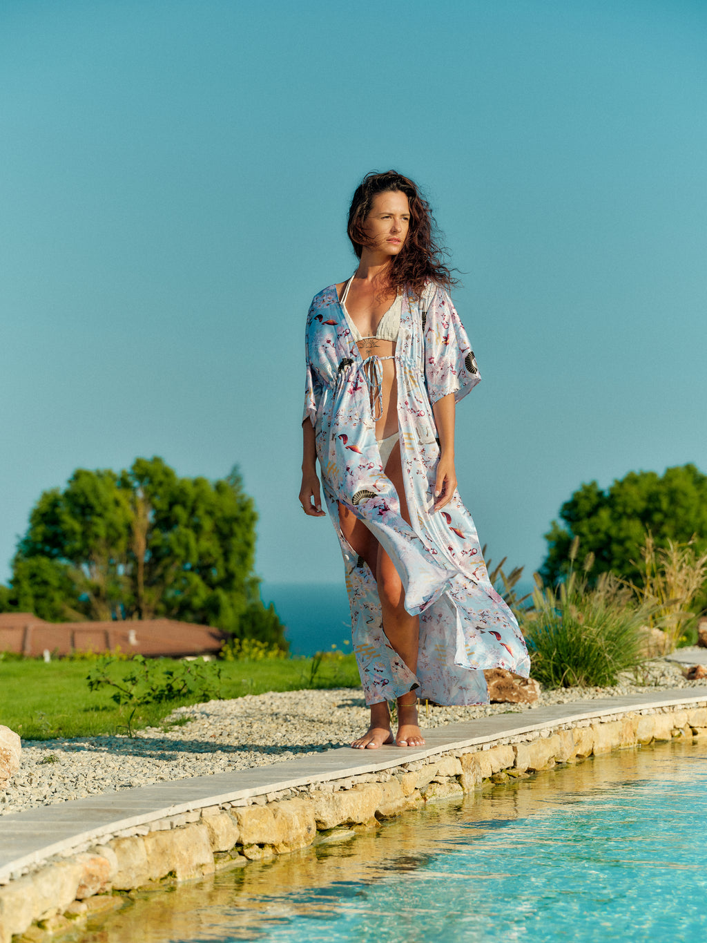 beach kimono long sky blue satin chiffon, Akari collection front view