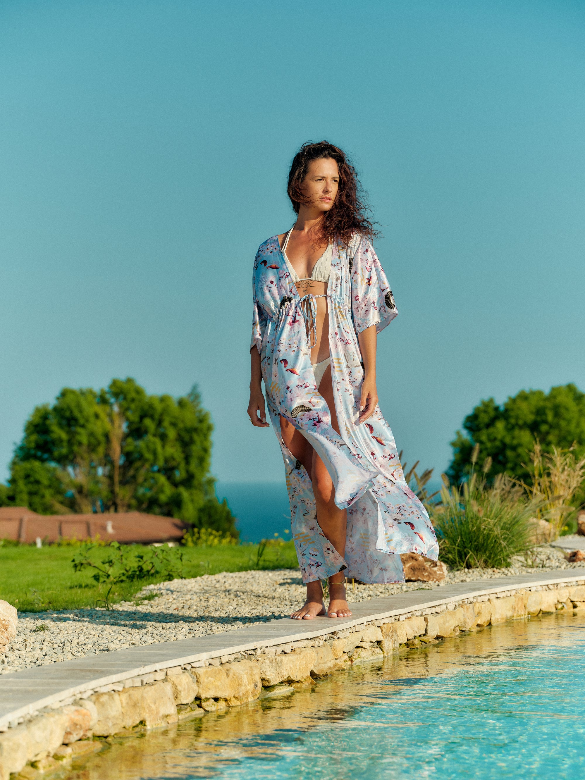 beach kimono long sky blue satin chiffon, Akari collection front view