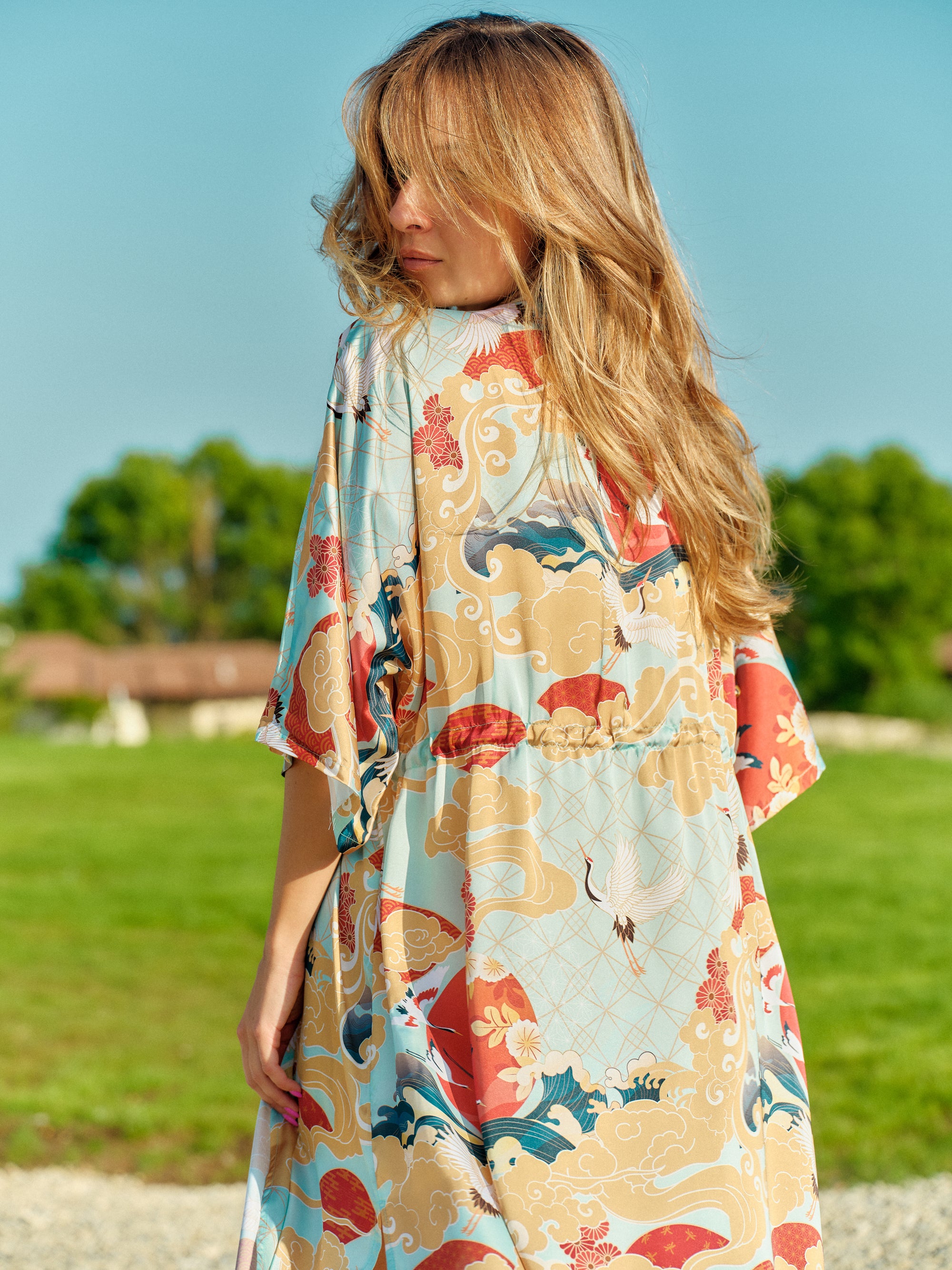 beach kimono long turquoise satin chiffon, Asahi collection detail back view