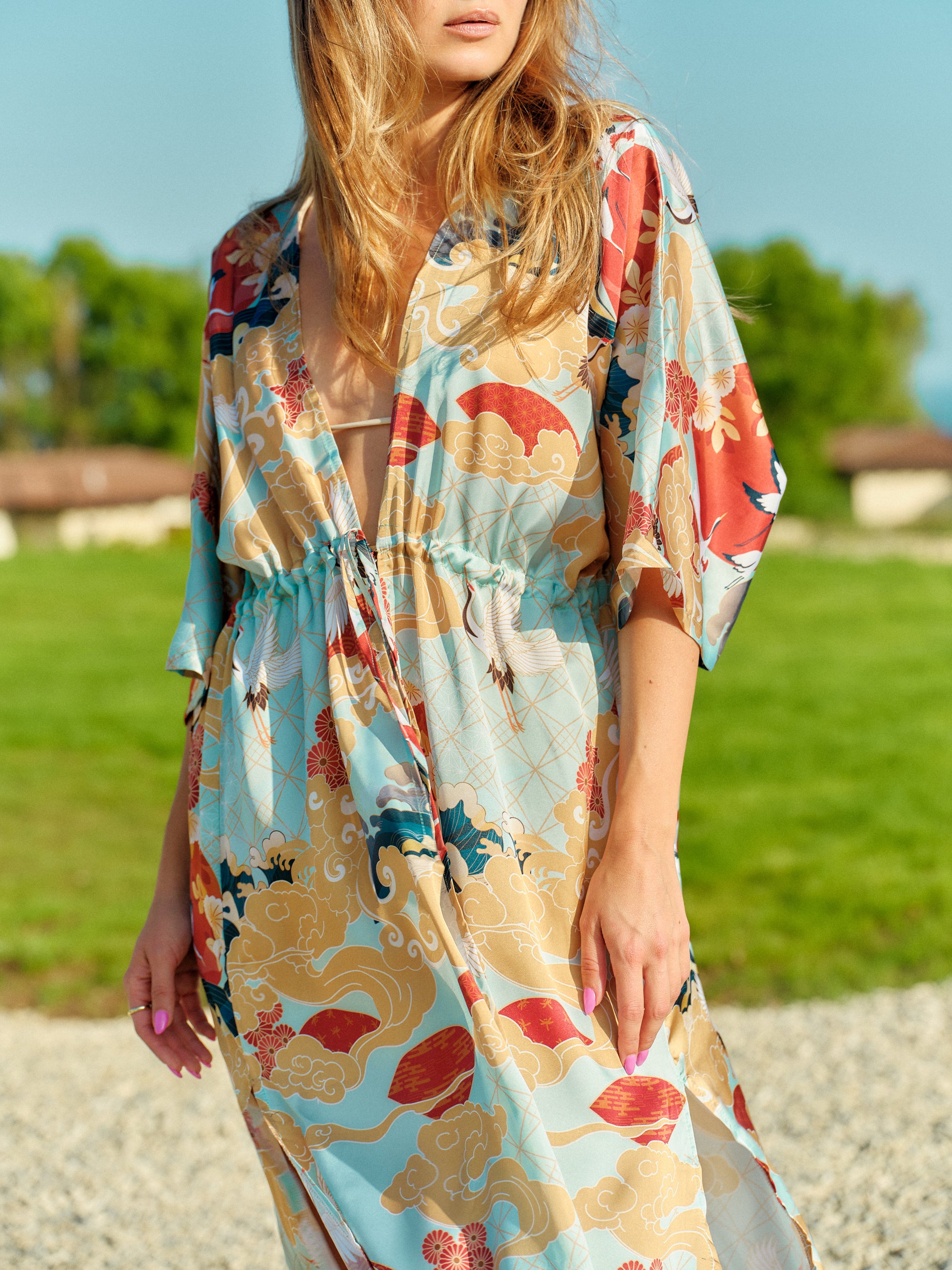 beach kimono long turquoise satin chiffon, Asahi collection detail front view