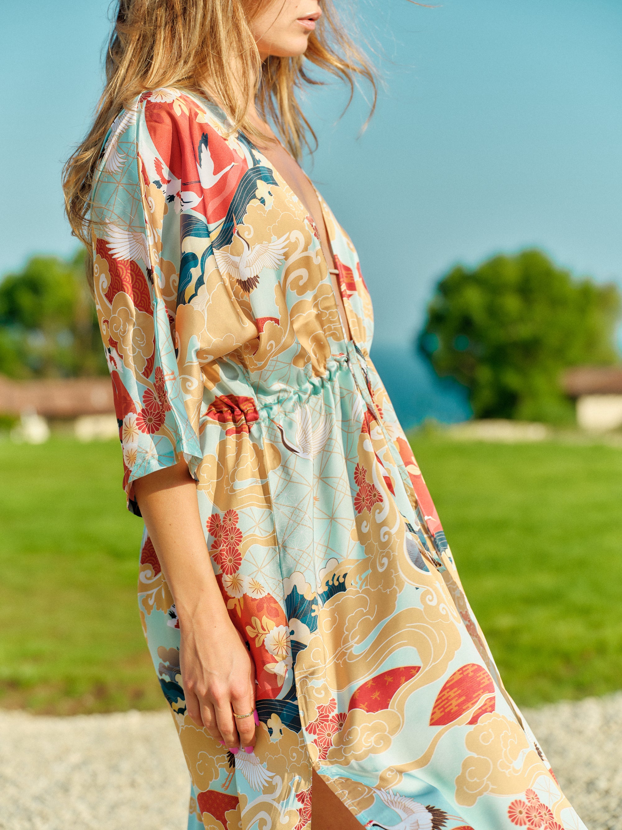 beach kimono long turquoise satin chiffon, Asahi collection detail side view