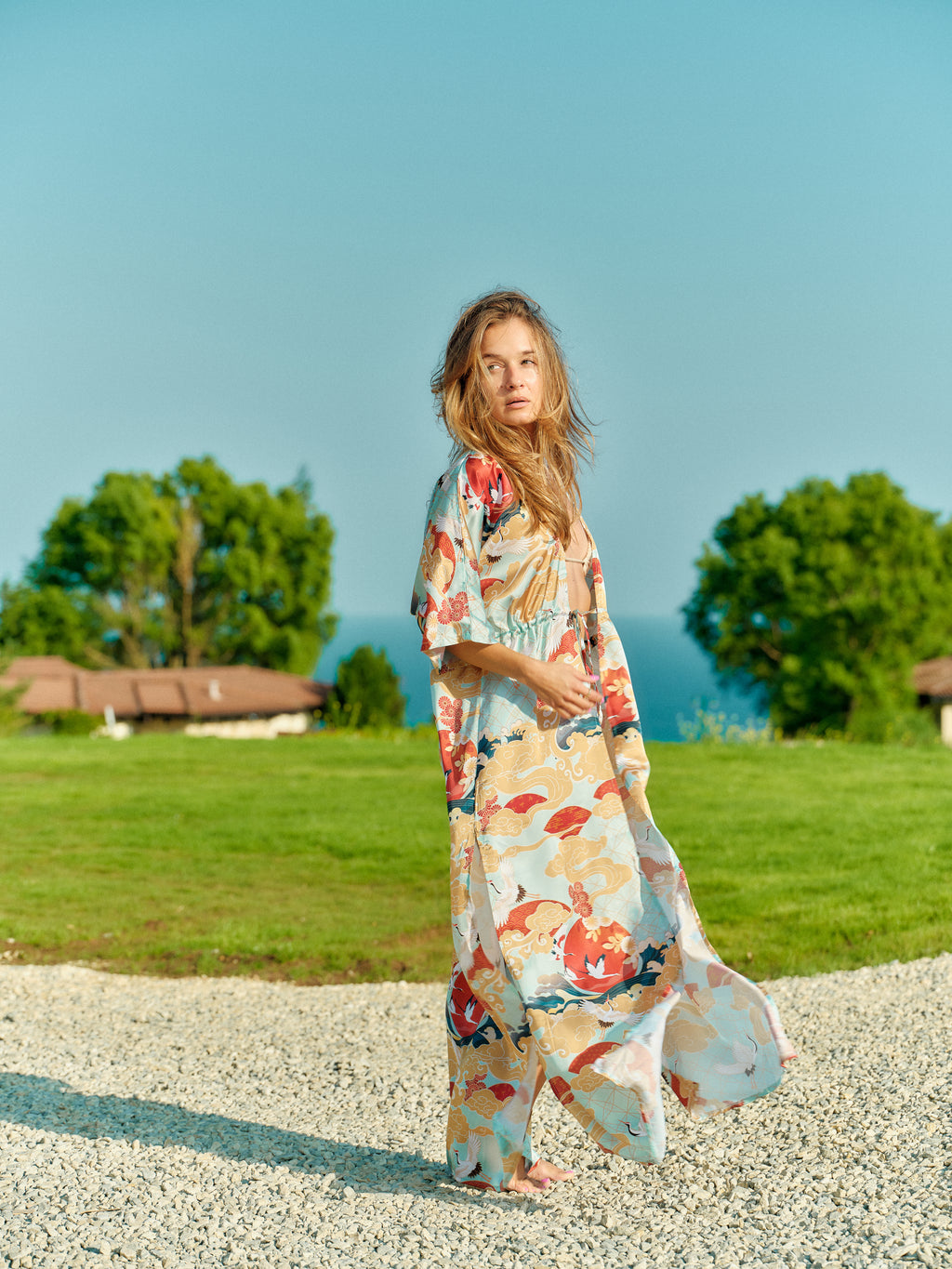 beach kimono long turquoise satin chiffon, Asahi collection side view