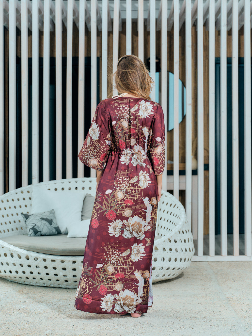 beach kimono long burgundy satin chiffon, Koan collection back view