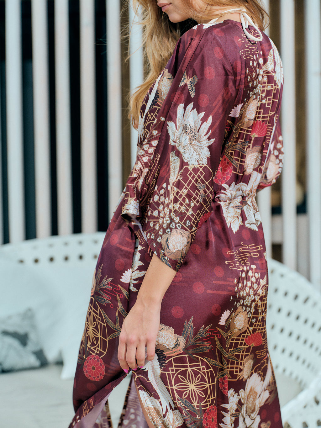 festival kimono long burgundy satin chiffon, Koan collection detail side view