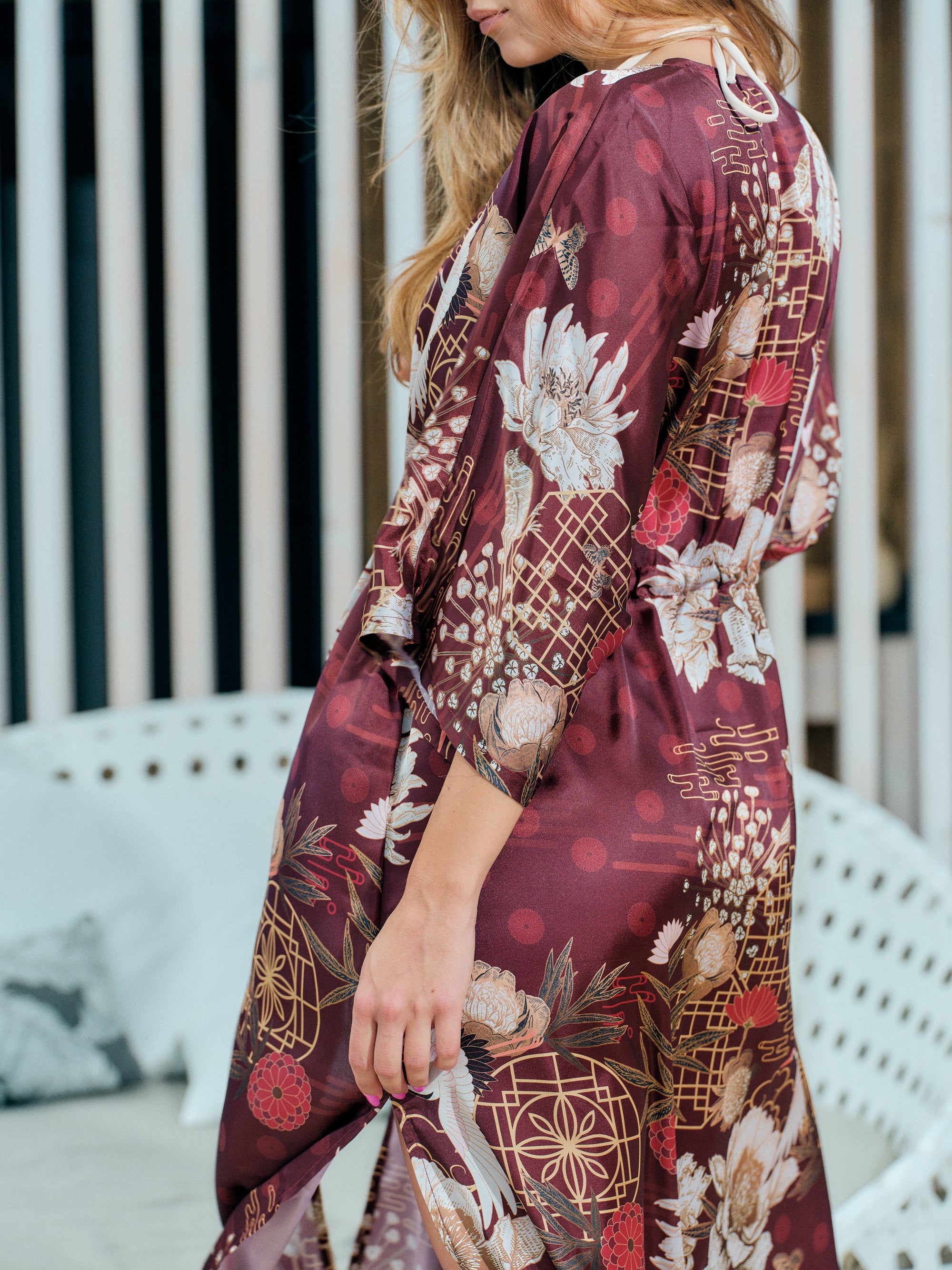 festival kimono long burgundy satin chiffon, Koan collection detail side view