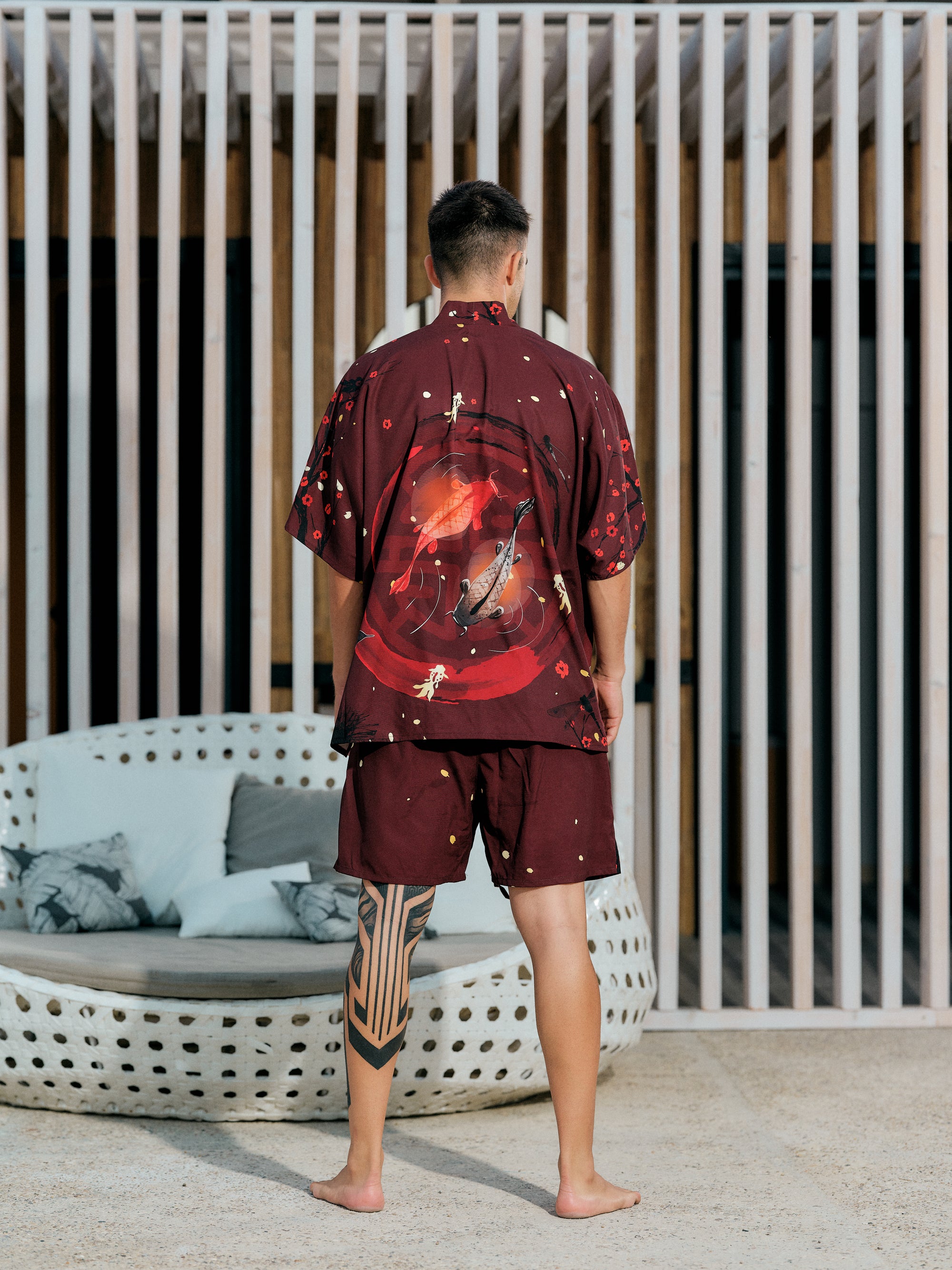 mens beach kimono set burgundy satin chiffon, Enso collection back view