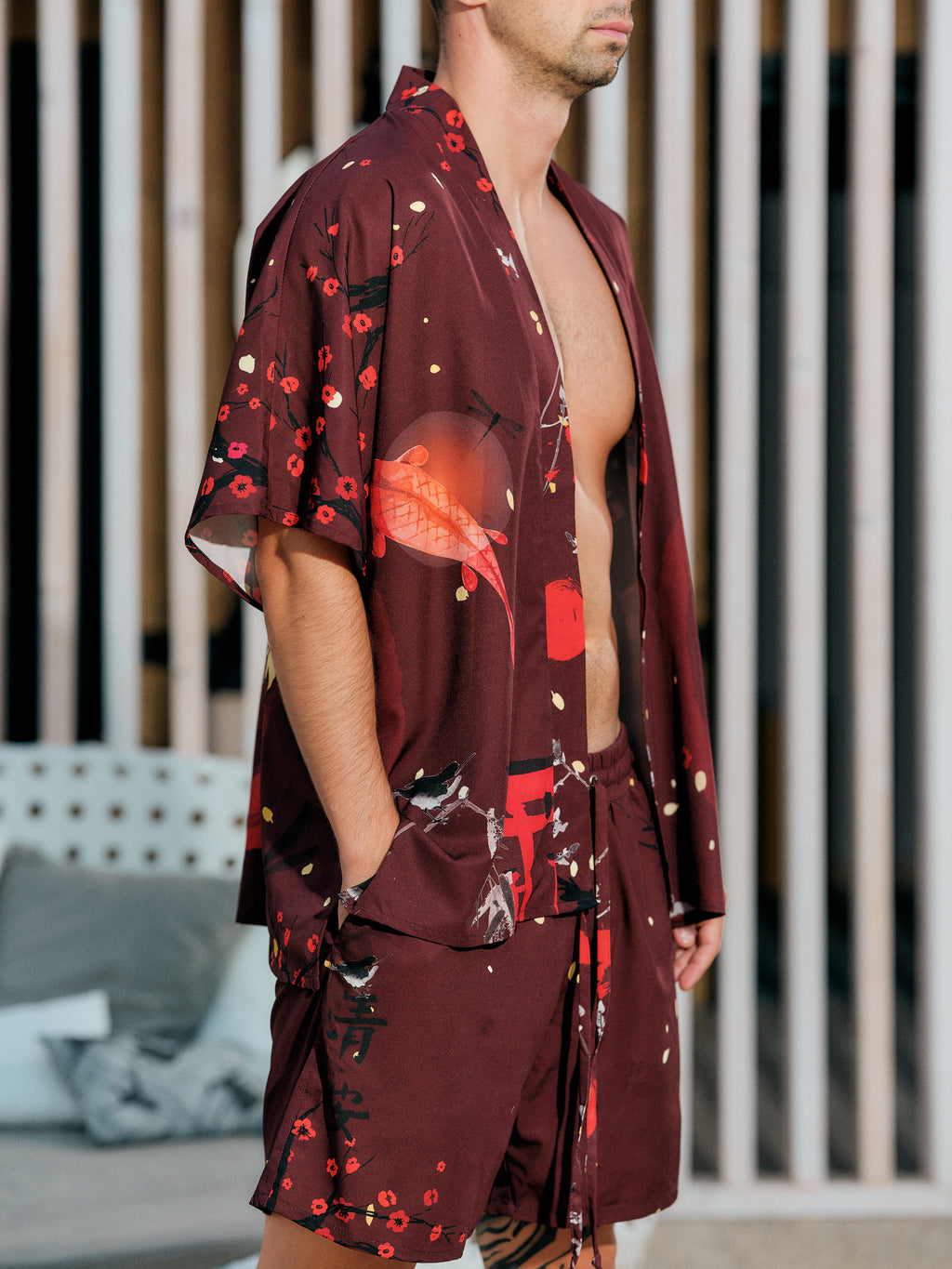 mens beach kimono set burgundy satin chiffon, Enso collection detail front view