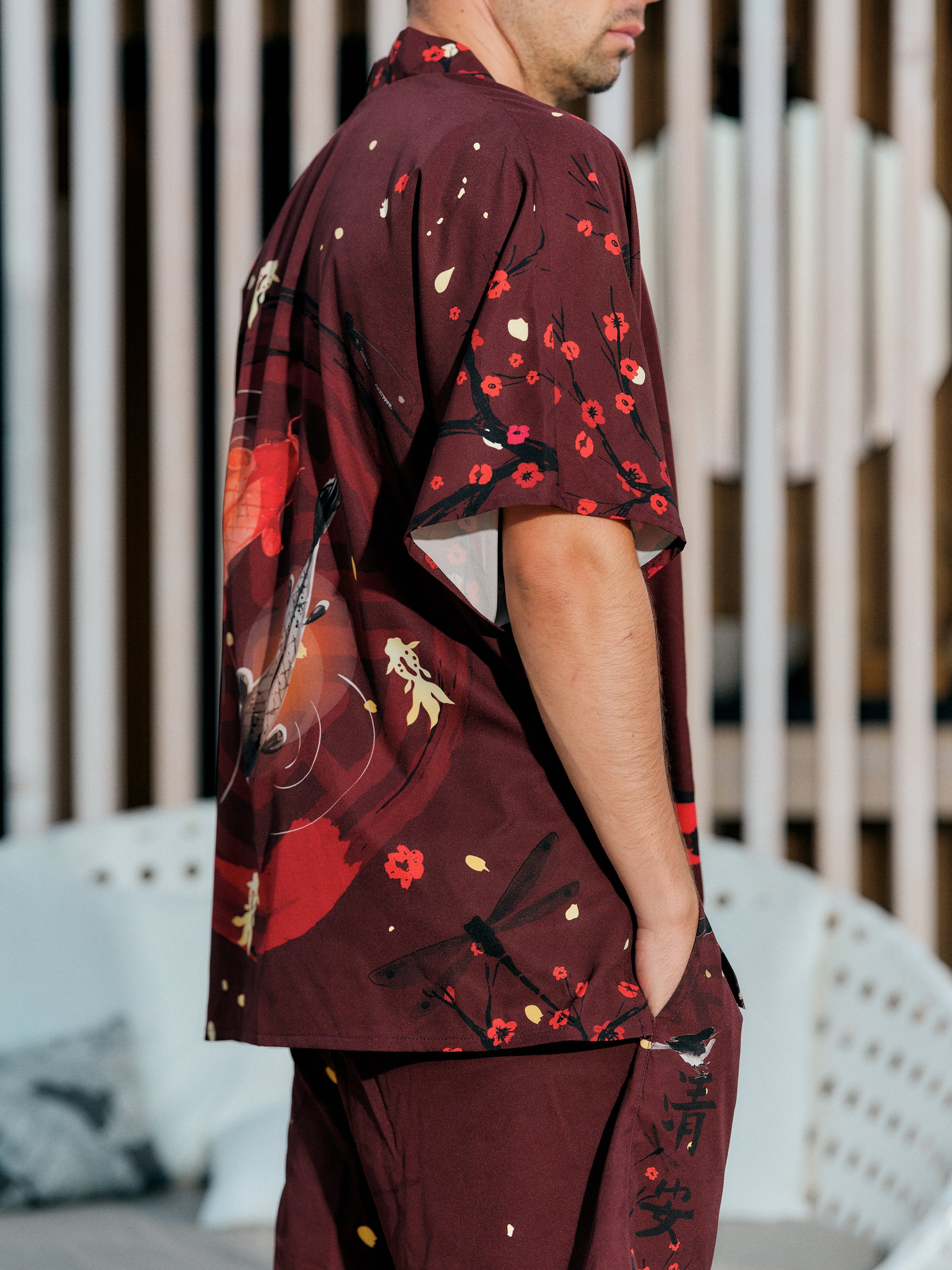 mens beach kimono set burgundy satin chiffon, Enso collection detail side view