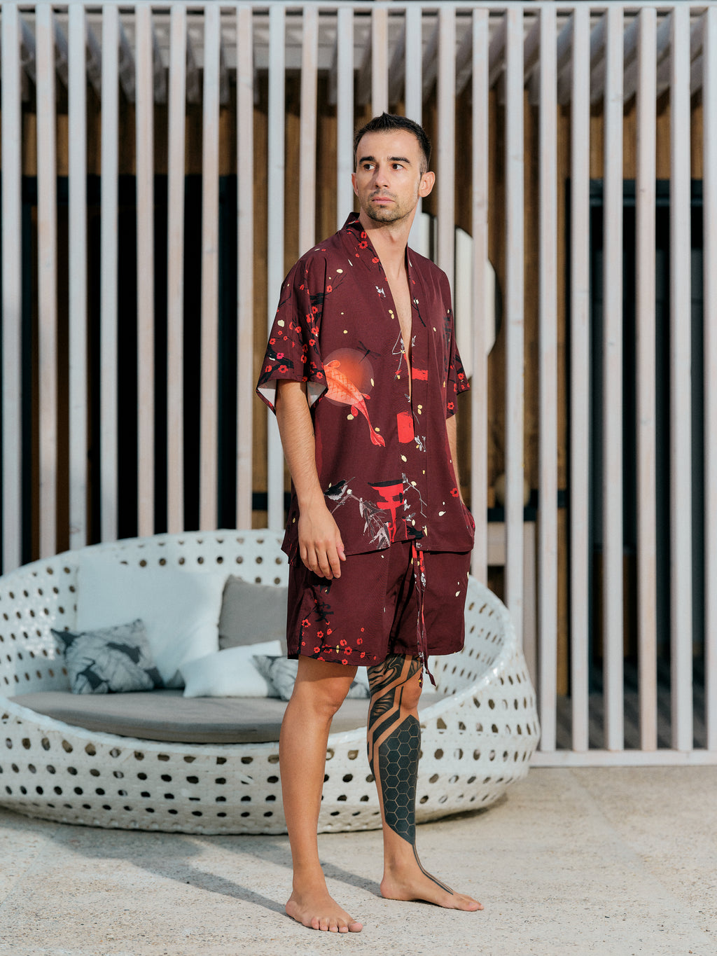 mens beach kimono set burgundy satin chiffon, Enso collection front view