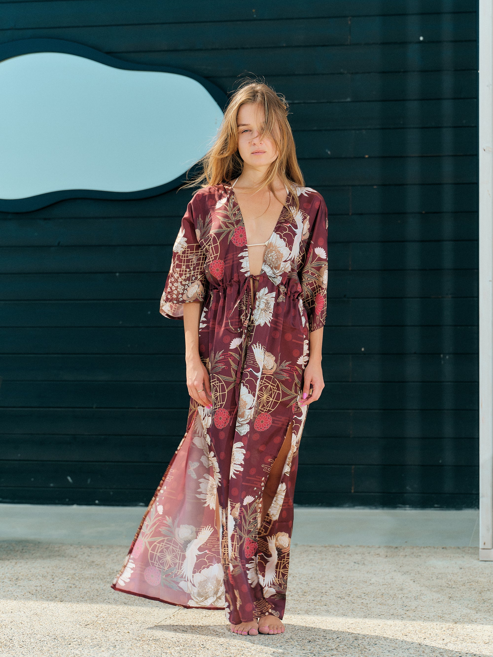boho kimono long burgundy satin chiffon, Koan collection front view
