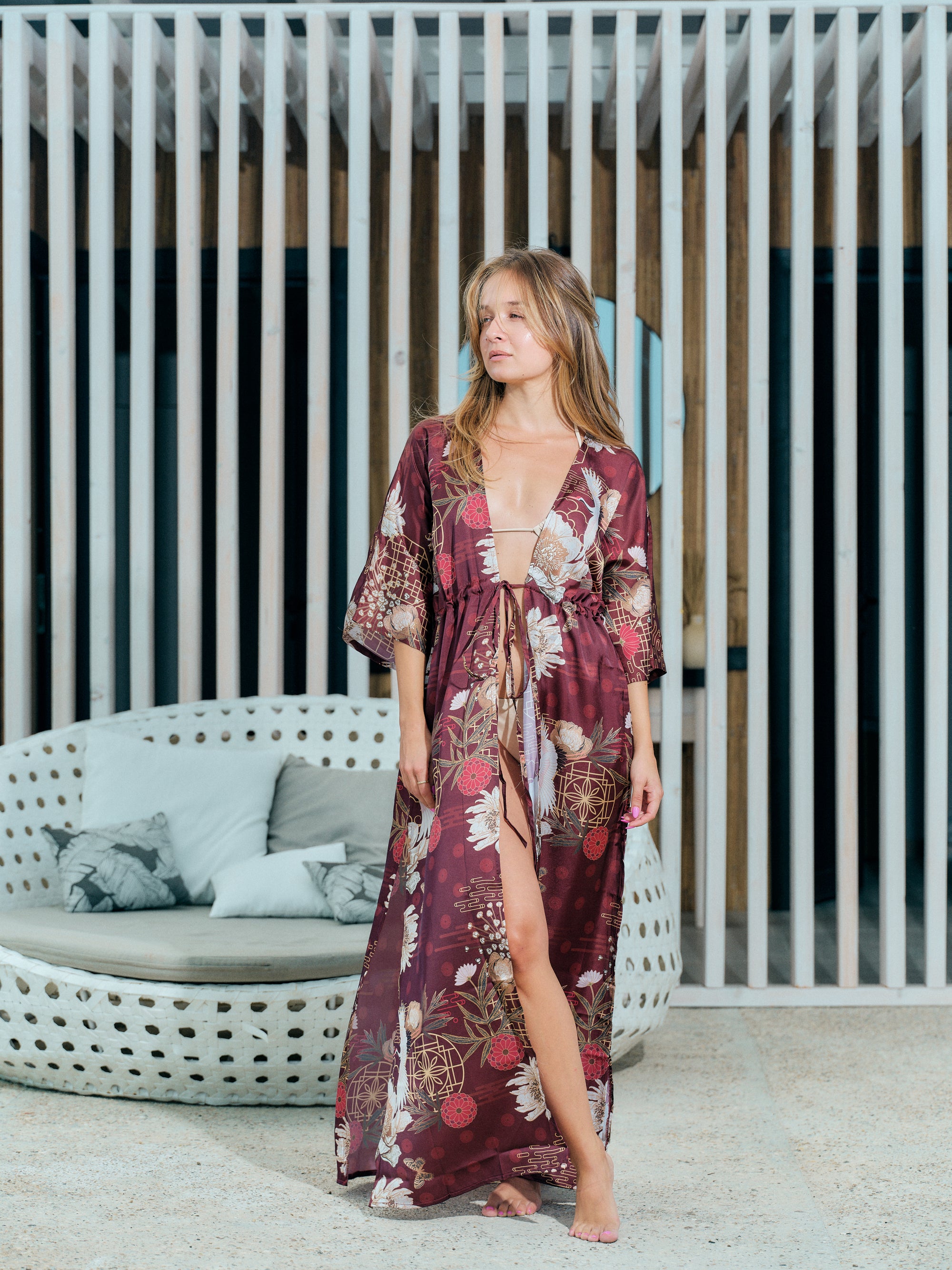 beach kimono long burgundy satin chiffon, Koan collection front view